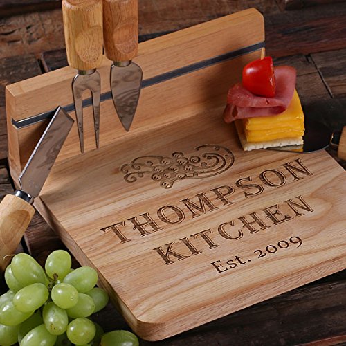 Personalized Wooden Cutting Board for Bread, Cheese & Charcuterie - Engraved Serving Tray with Knife Set - Perfect for Entertaining, Kitchen Use & Gift Giving