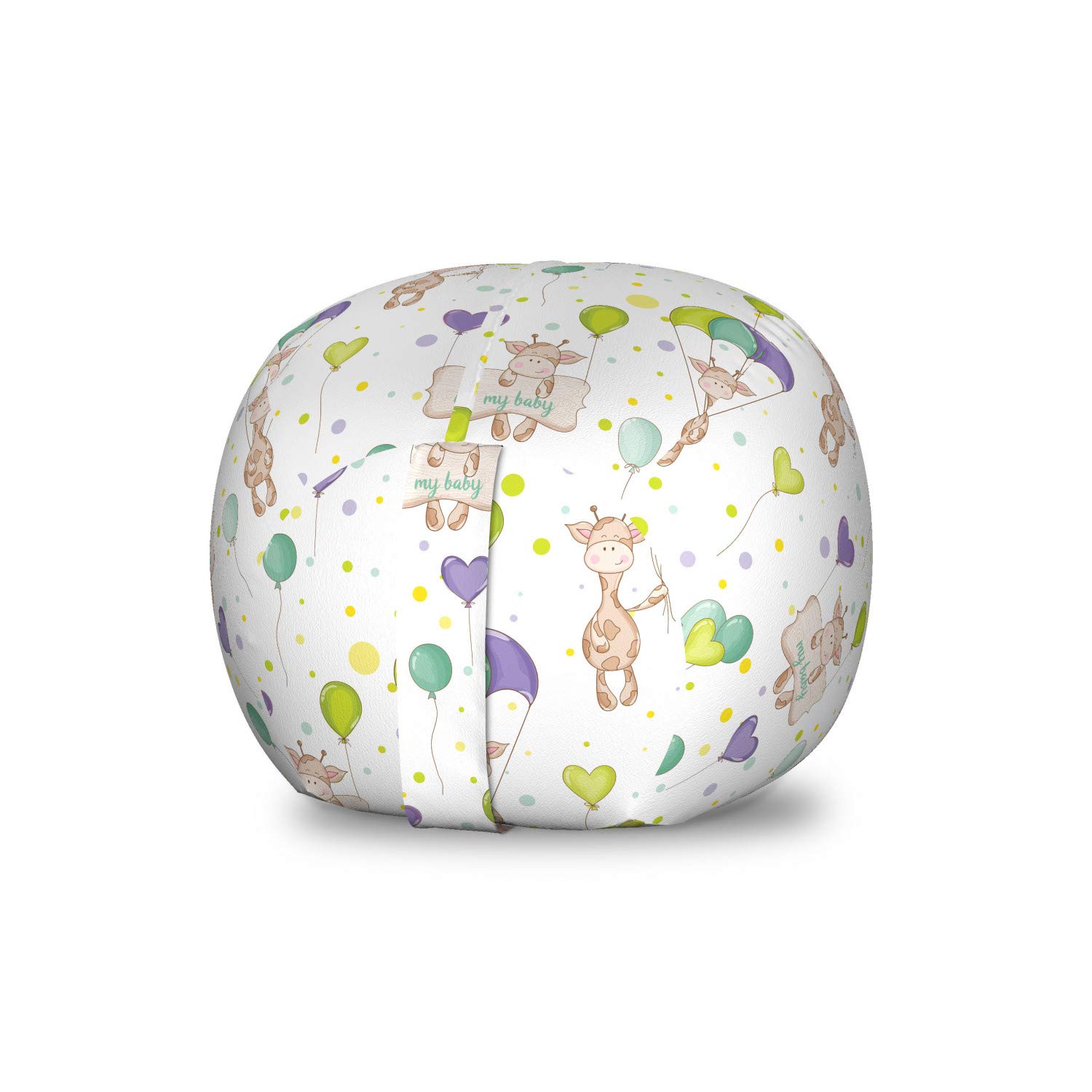Ambesonne Cartoon Toy Storage Bag Chair - Giraffe Balloon Pattern with Polka Dot Hearts, Washable Stuffed Animal Organizer for Kids Room (Small, Multicolor) | Perfect for Nursery Decor & Playroom Organization