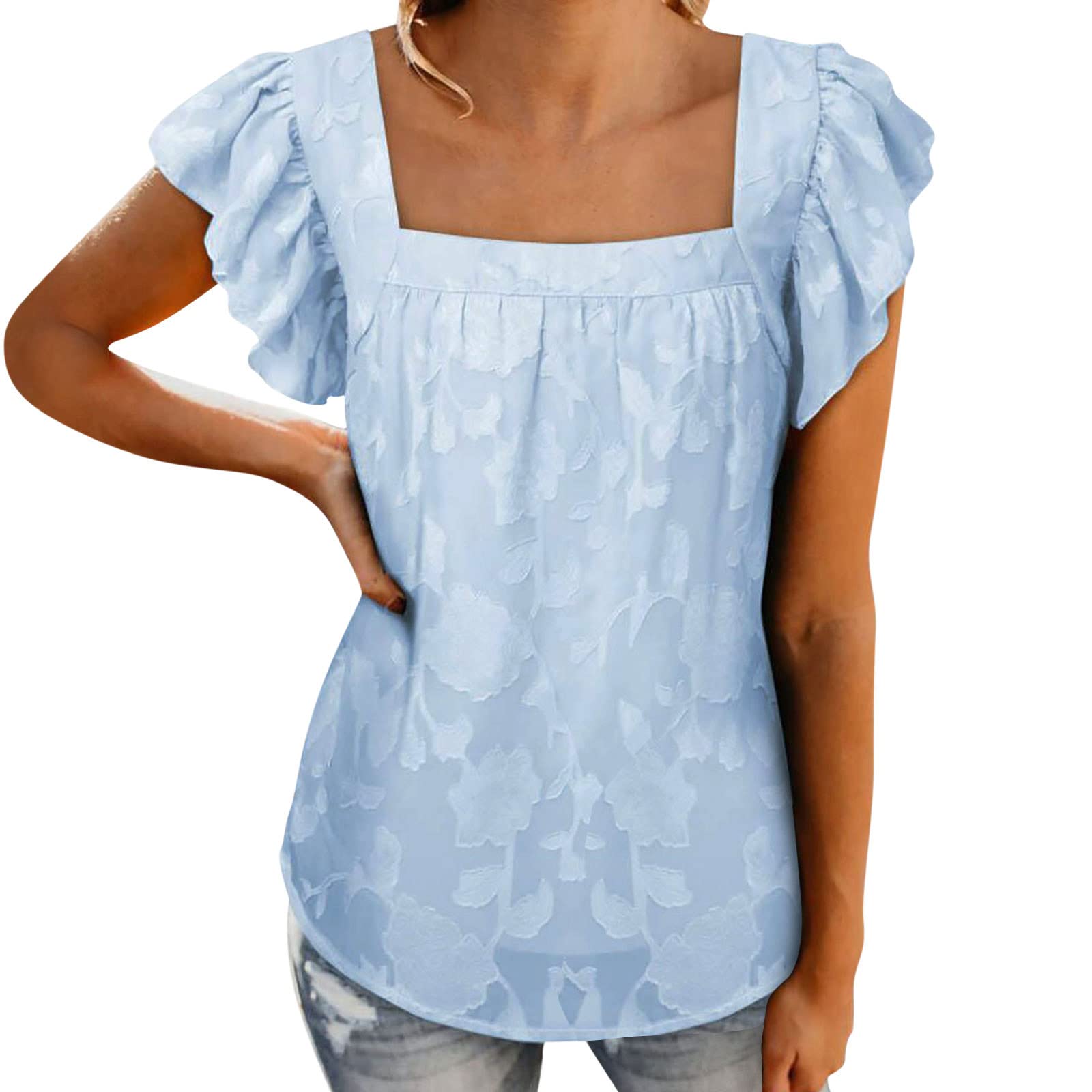Women's White Maternity Blouse - Casual Summer Chiffon Top with Flared Short Sleeves & Square Neck | Perfect for Pregnancy Photos, Baby Showers & Everyday Comfort