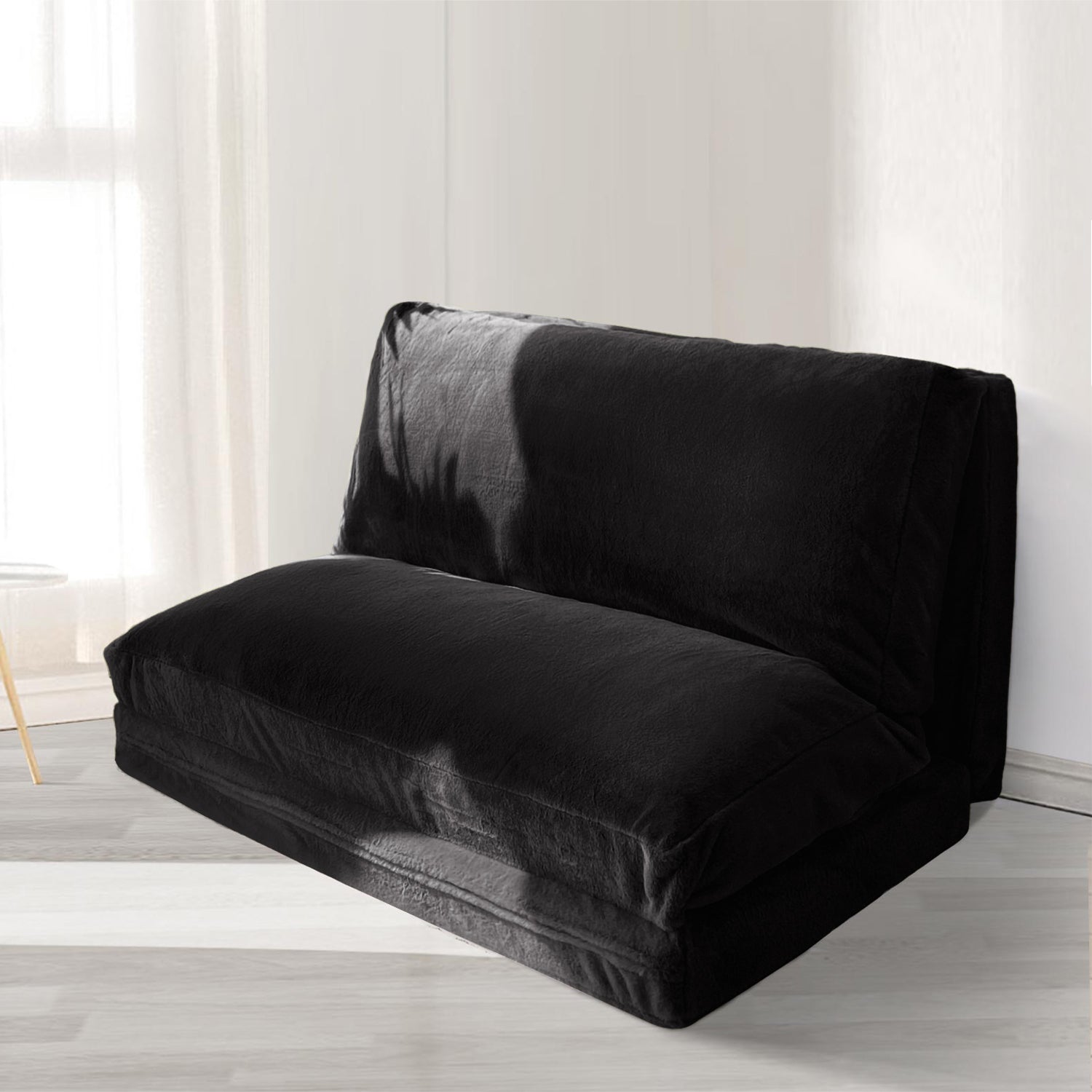 MAXYOYO Extra Thick Folding Bean Bag Sofa Bed - Convertible Floor Mattress with Washable Faux Fur Cover (Black) - Perfect for Living Room Lounging, Guest Bed, Dorm Room & Small Space Furniture