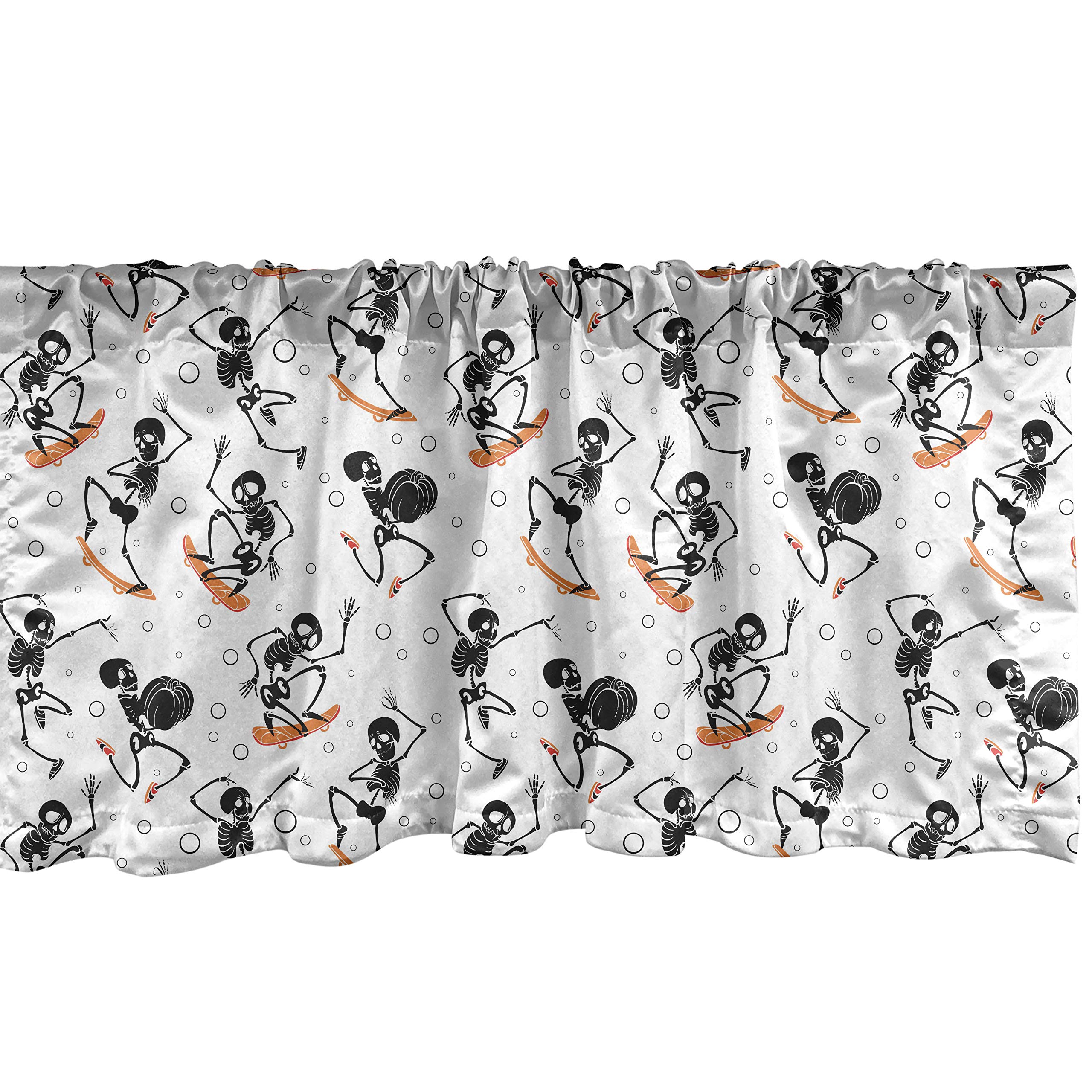 Ambesonne Skeleton Window Valance - Whimsical Halloween Decor with Skateboarding Skeleton & Bubbles - Charcoal Grey & Orange Rod Pocket Curtain Valance (54x18 inches) - Perfect for Kitchen, Bedroom, and Halloween Party Decorations