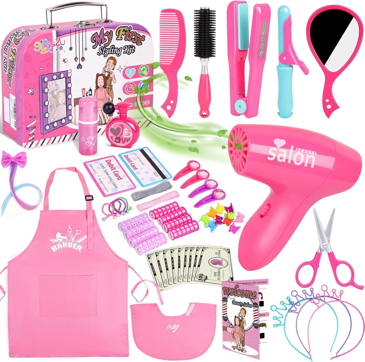 Girls Hair Salon Pretend Play Set - Styling Toys with Blow Dryer, Barber Apron, Scissors & Fake Money | Perfect for Kids Role Play, Birthday Gifts & Preschool Learning Activities