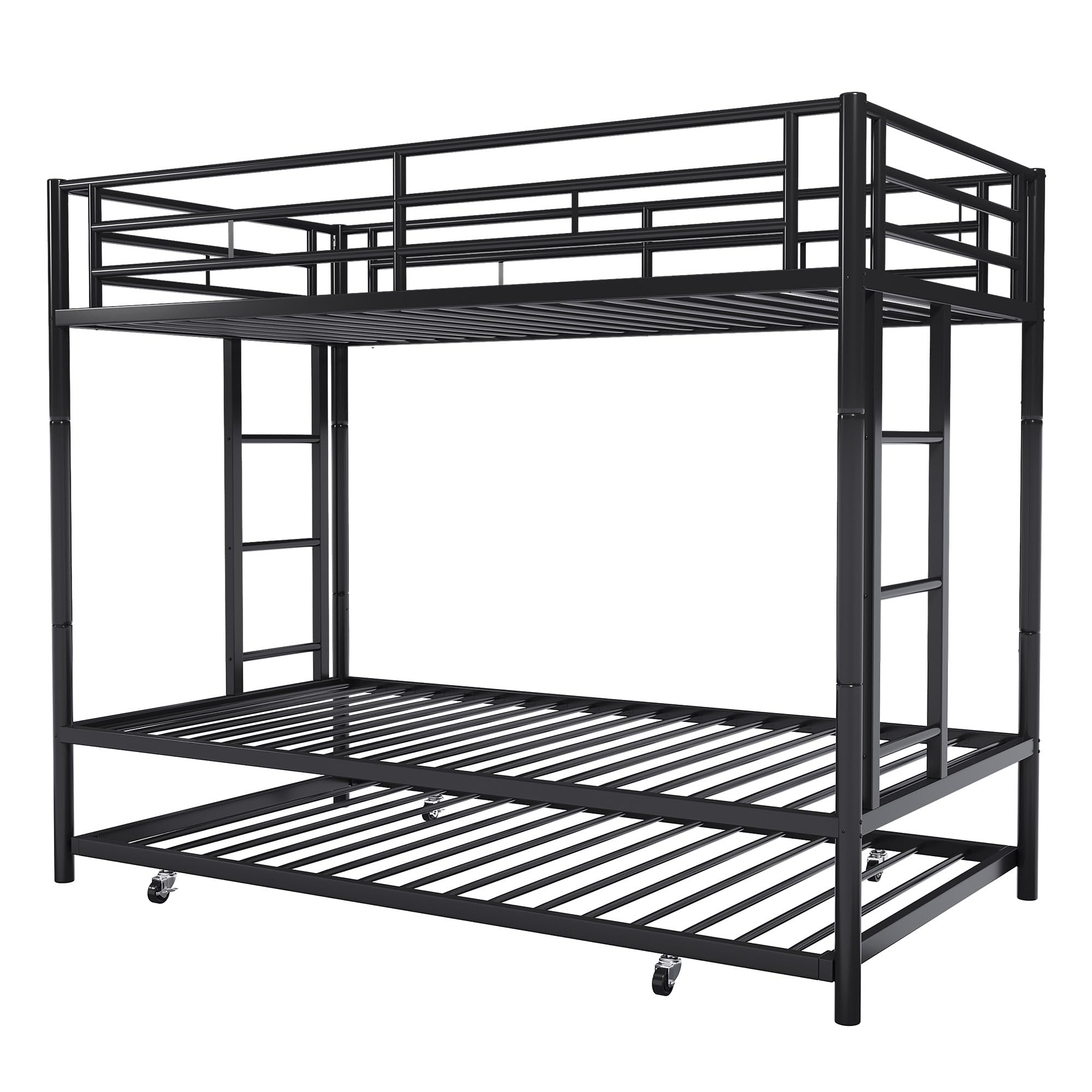 Metal Twin Over Twin Bunk Bed with 2 Secure Ladders & Trundle Daybed - Space-Saving Loft Bed Frame with Safety Rails, Quiet Design for Small Rooms - Perfect for Kids' Bedrooms, Guest Rooms & Dormitories (Black)