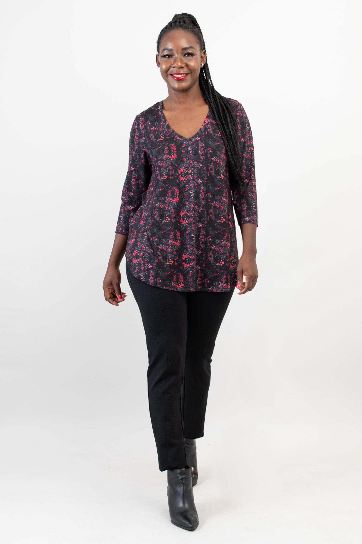 Jackie 3/4 Sleeve Women's Tops - Soft Bamboo Fabric in Cherry Jam Color - Breathable & Comfortable for Yoga, Work & Casual Wear