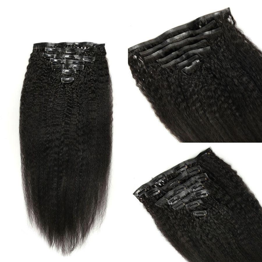 WOWANGEL Kinky Straight Seamless Clip-In Hair Extensions 18 Inch - Natural Black Human Hair Weft for Volume & Length - Perfect for Daily Wear, Parties & Special Occasions