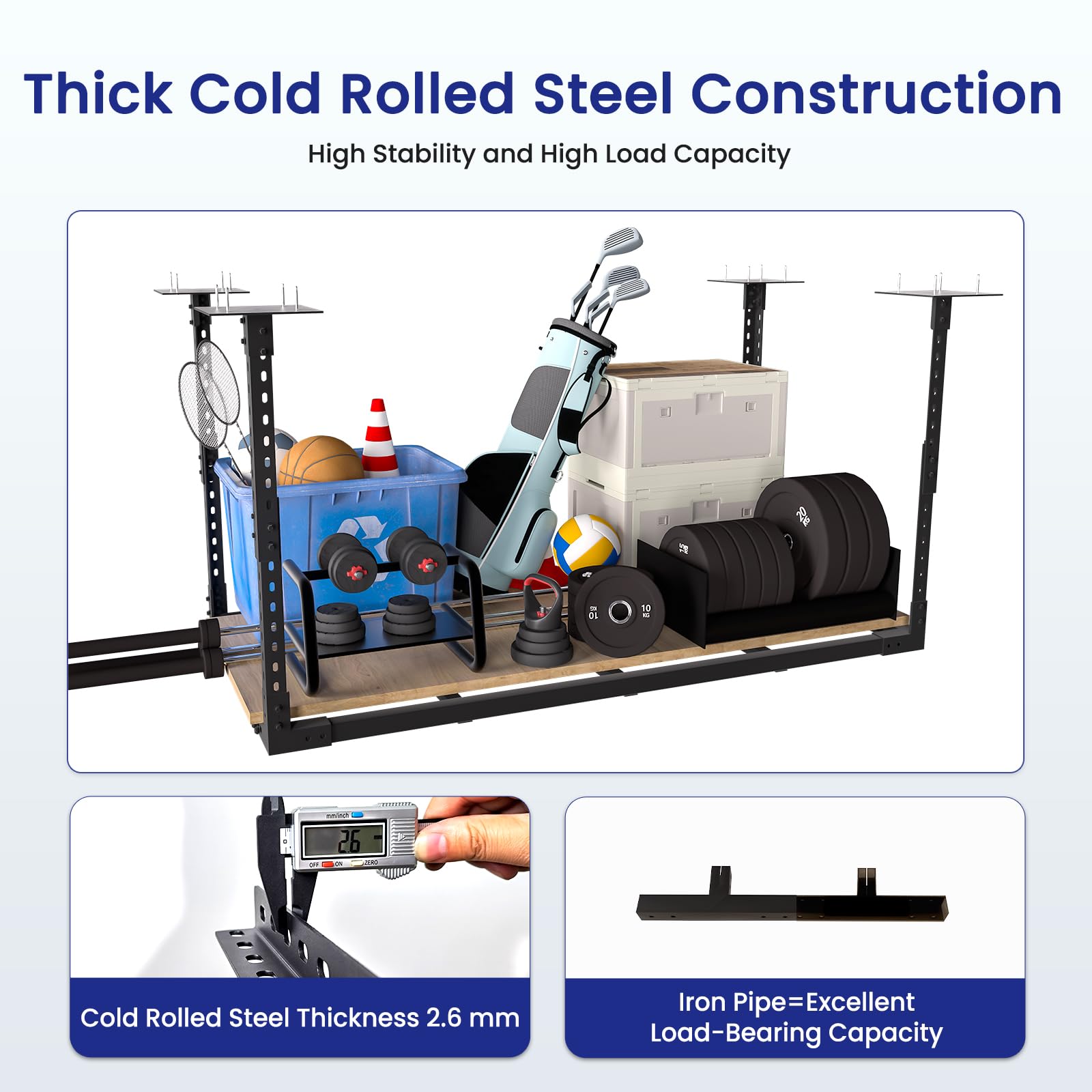 2×4' Heavy Duty Overhead Garage Storage Rack - Adjustable Ceiling Shelving System with 1100 lbs Capacity - Black (Bottomless) - Perfect for Organizing Tools, Sports Gear & Seasonal Items