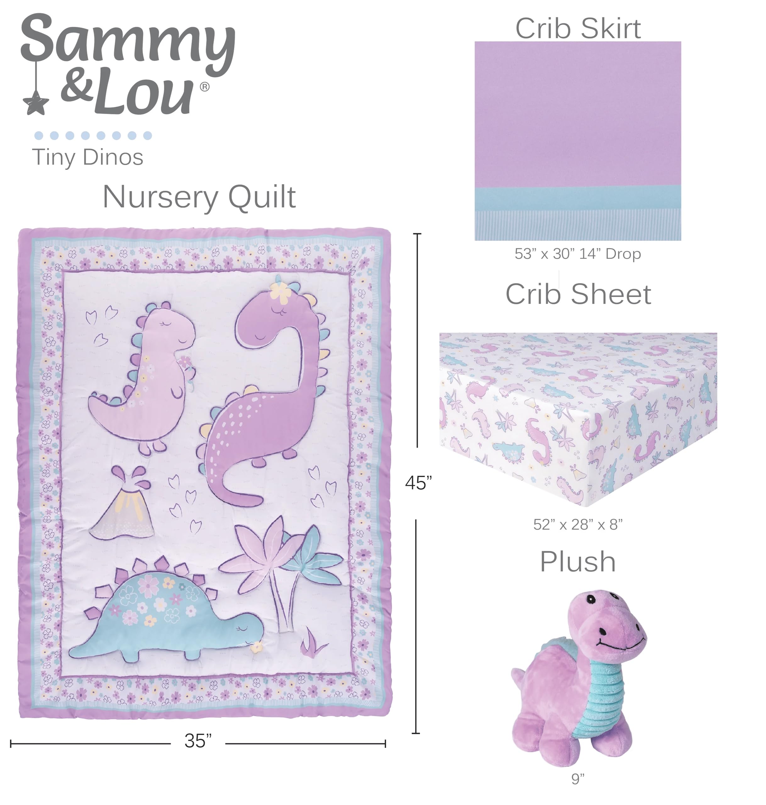 Sammy & Lou Tiny Dinos 4-Piece Baby Crib Bedding Set - Soft Quilt, Fitted Sheet, Crib Skirt & Plush Dinosaur Toy | Adorable Dinosaur Nursery Decor for Boys & Girls | Perfect for Newborns, Infants & Toddlers