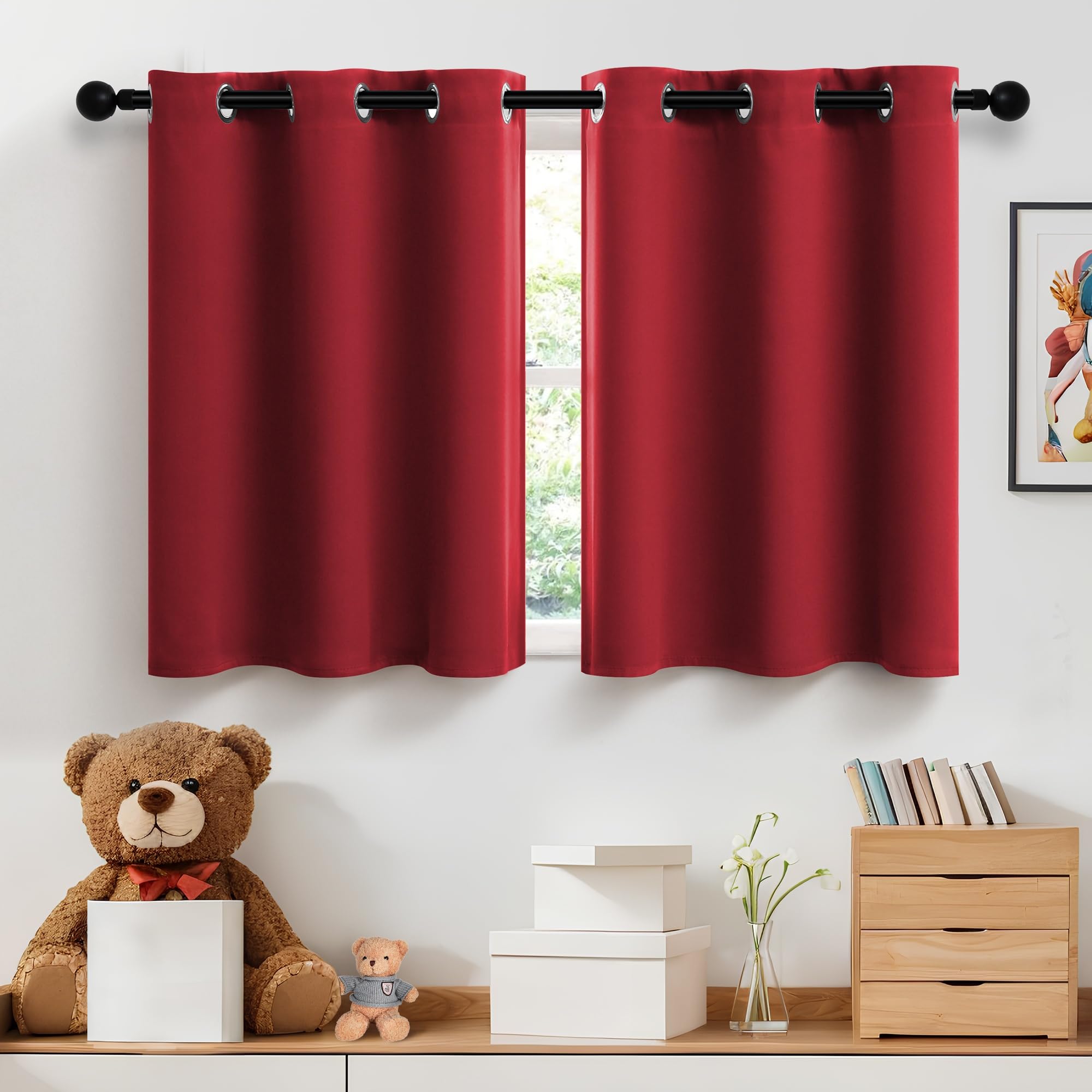 Blackout Curtains for Kitchen & Bathroom - 24 Inch Short Red Cafe Curtains with Grommet Top (Set of 2 Panels) - Perfect for Small Windows, RV, Camper & Christmas Decorations
