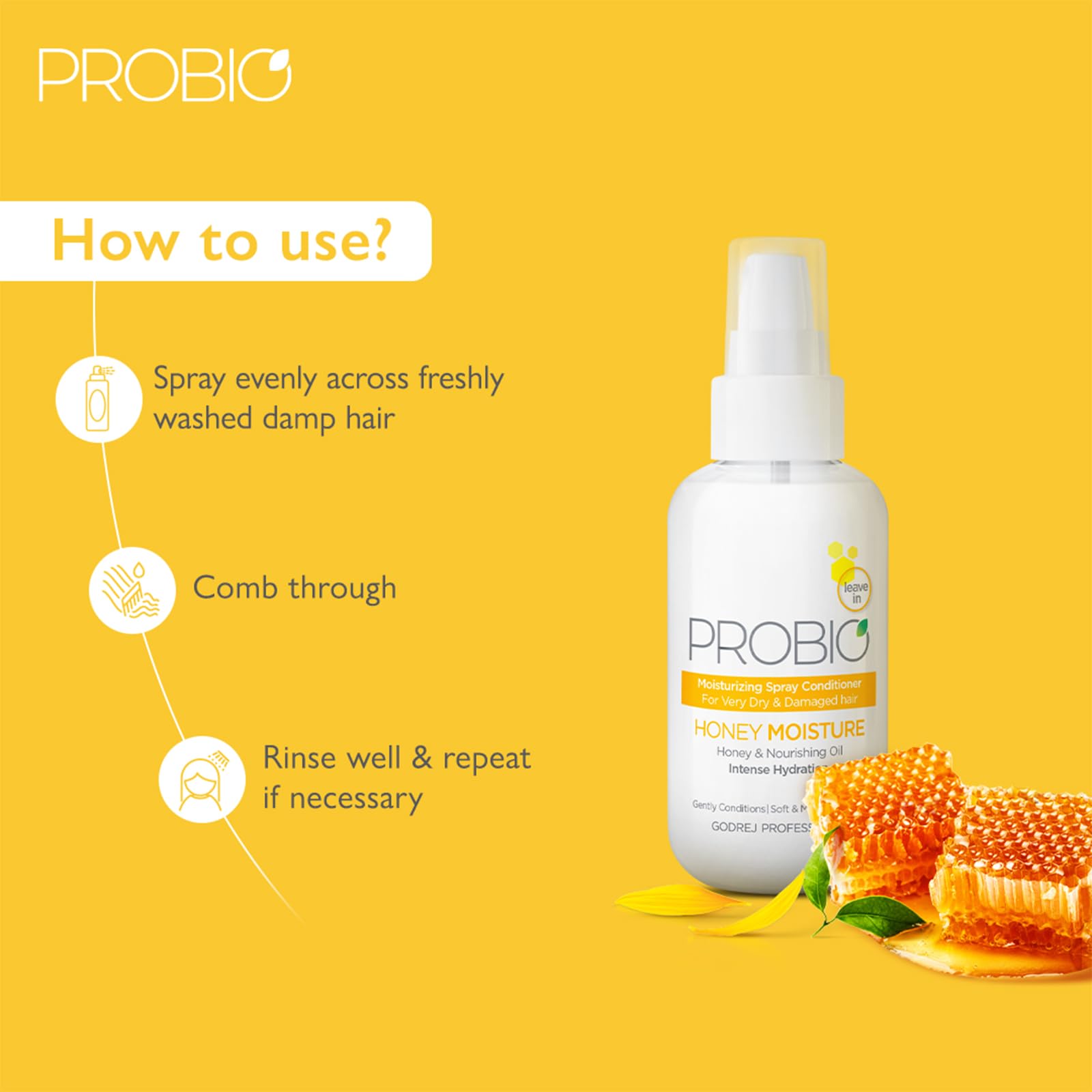 Godrej Professional Probio Honey Moisture Spray Conditioner 100ml - Hydrating Treatment for Dry & Damaged Hair with Honey & Nourishing Oils | Perfect for Daily Hair Care & Salon-Quality Results at Home