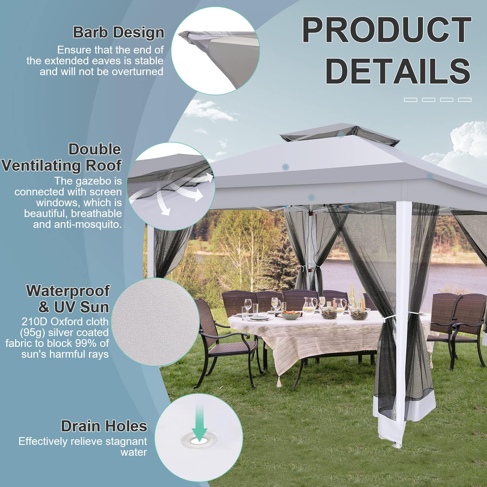 COBIZI 12x12 Pop Up Gazebo with Mosquito Net & Carrying Bag - Portable Outdoor Canopy Tent for Patio, Garden, Backyard, Lawn & Beach (Grey) | Perfect for Camping, Picnics & Outdoor Parties