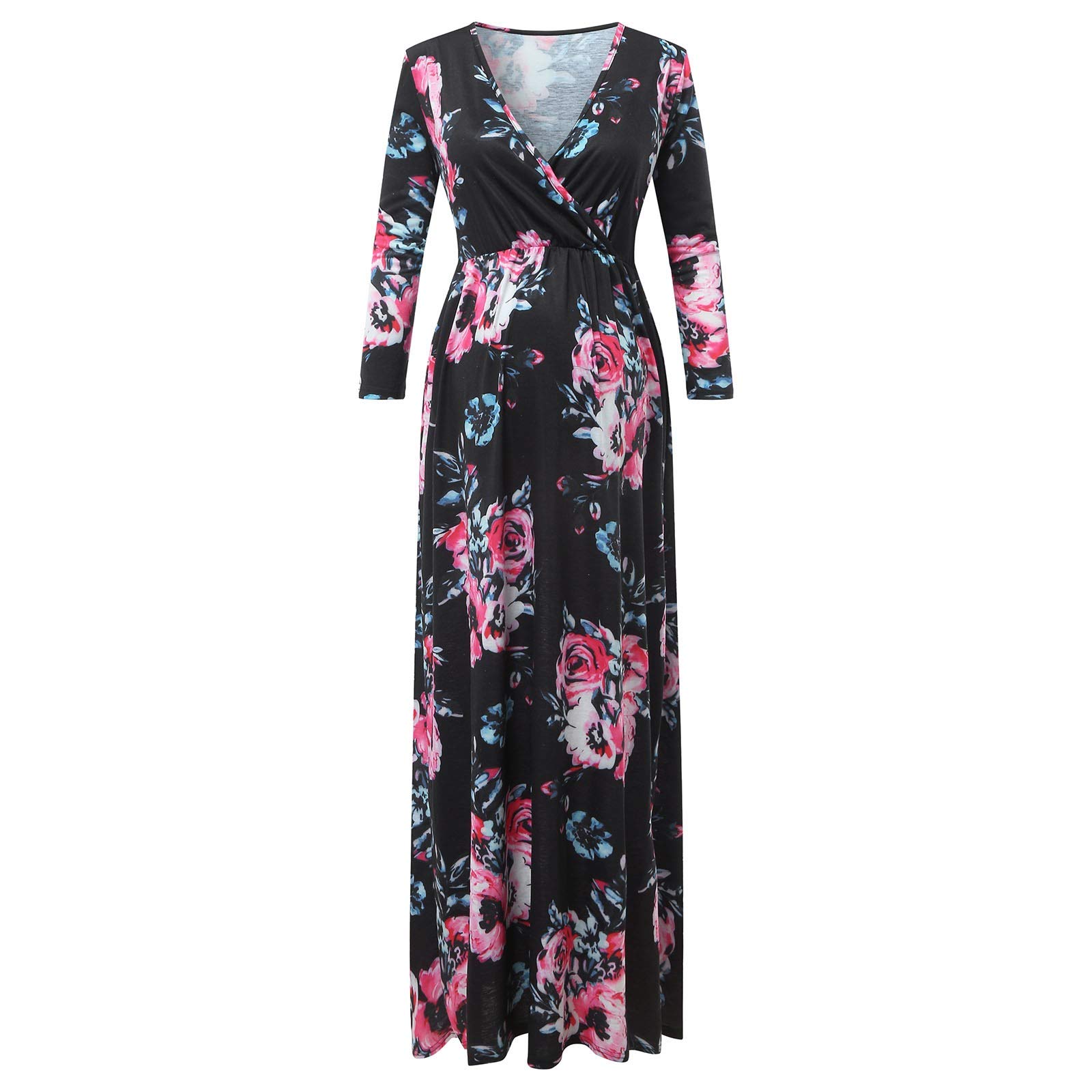 Women's 3/4 Sleeve V-Neck Maxi Maternity Dress - Comfortable Wrap Pregnancy Dress for Casual Wear, Baby Shower & Nursing