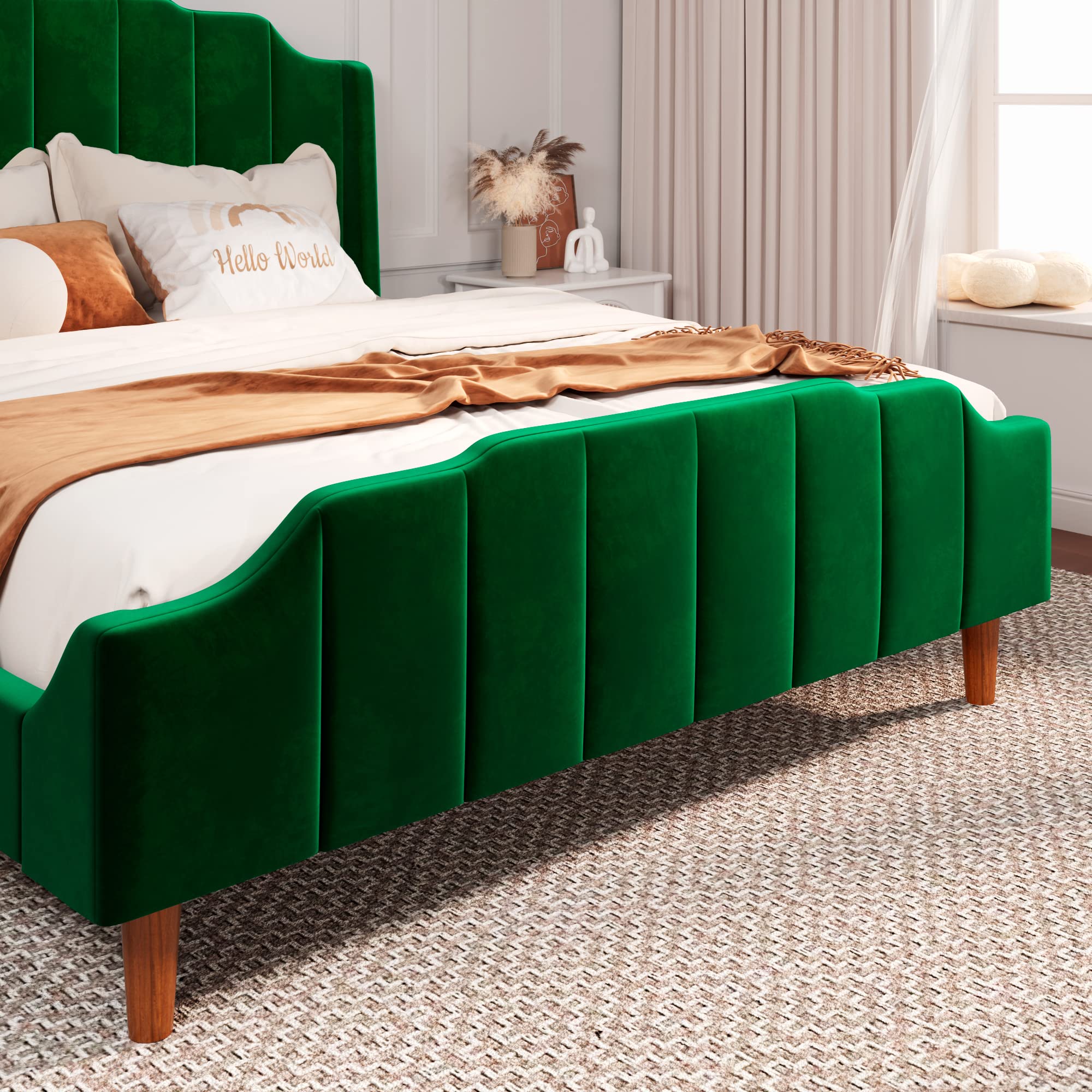 Allewie Queen Size Velvet Upholstered Platform Bed Frame with Vertical Headboard & Footboard - Solid Wood Legs & Reinforced Slat Support - No Box Spring Required - Easy Assembly - Emerald Green - Perfect for Modern Bedrooms & Guest Rooms