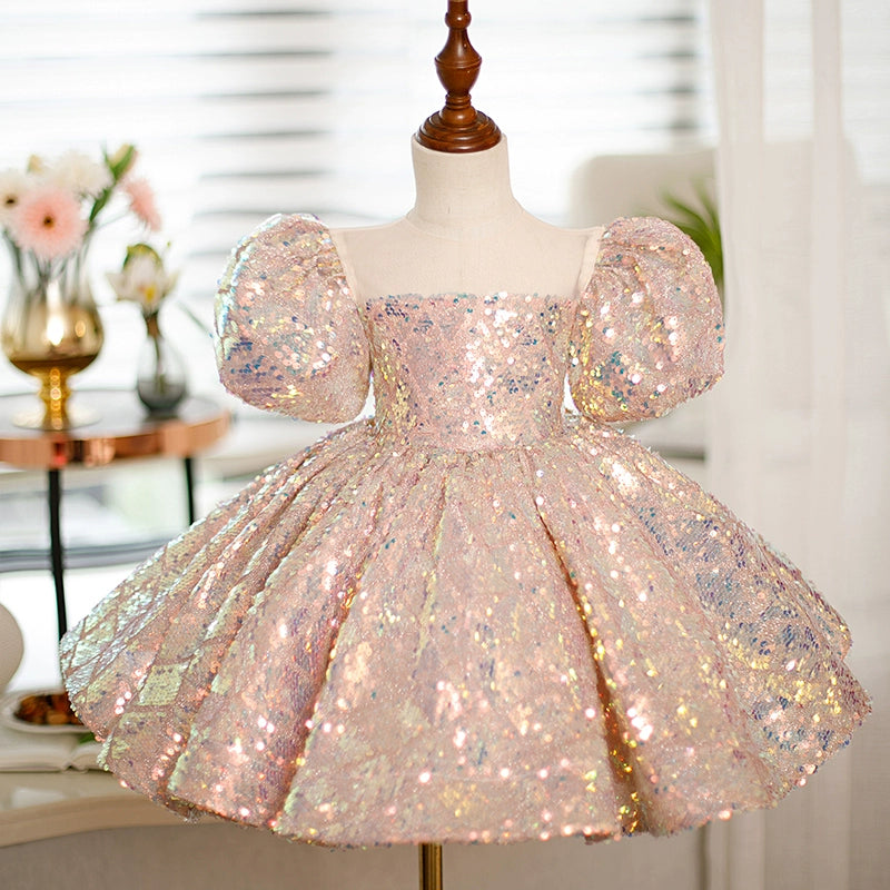 Pink Princess Square Tea Length Sequined Flower Girl Dress for Weddings, Bridal Party & Special Occasions - Elegant Flower Girl Attire