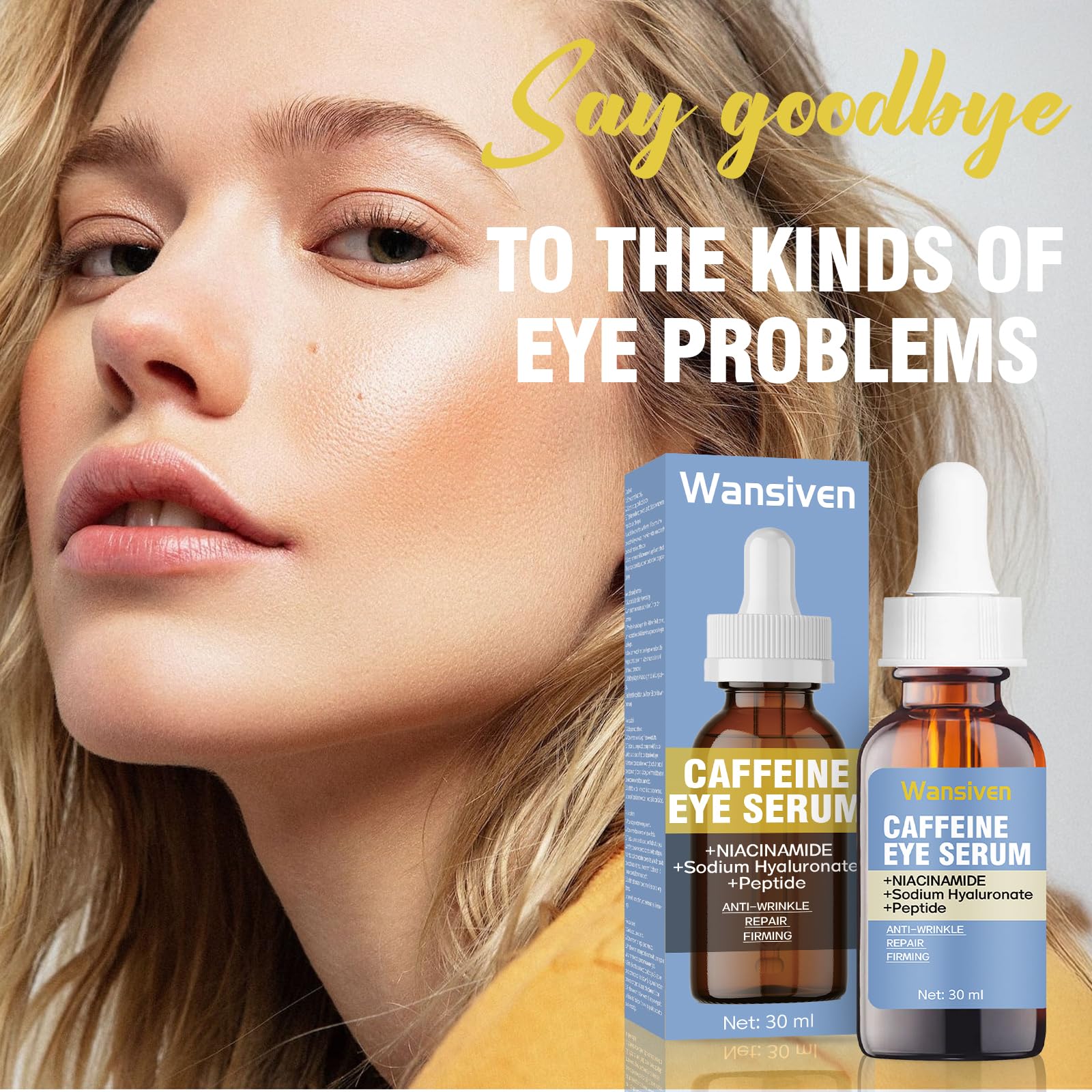 Wansiven Caffeine Eye Serum for Dark Circles & Puffy Eyes - Anti Wrinkle Repair, Lifting & Smoothing Eye Cream with Hyaluronic Acid & Niacinamide - Skincare for Men & Women, 30 ml - Perfect for Morning & Night Routine, Travel & Daily Use