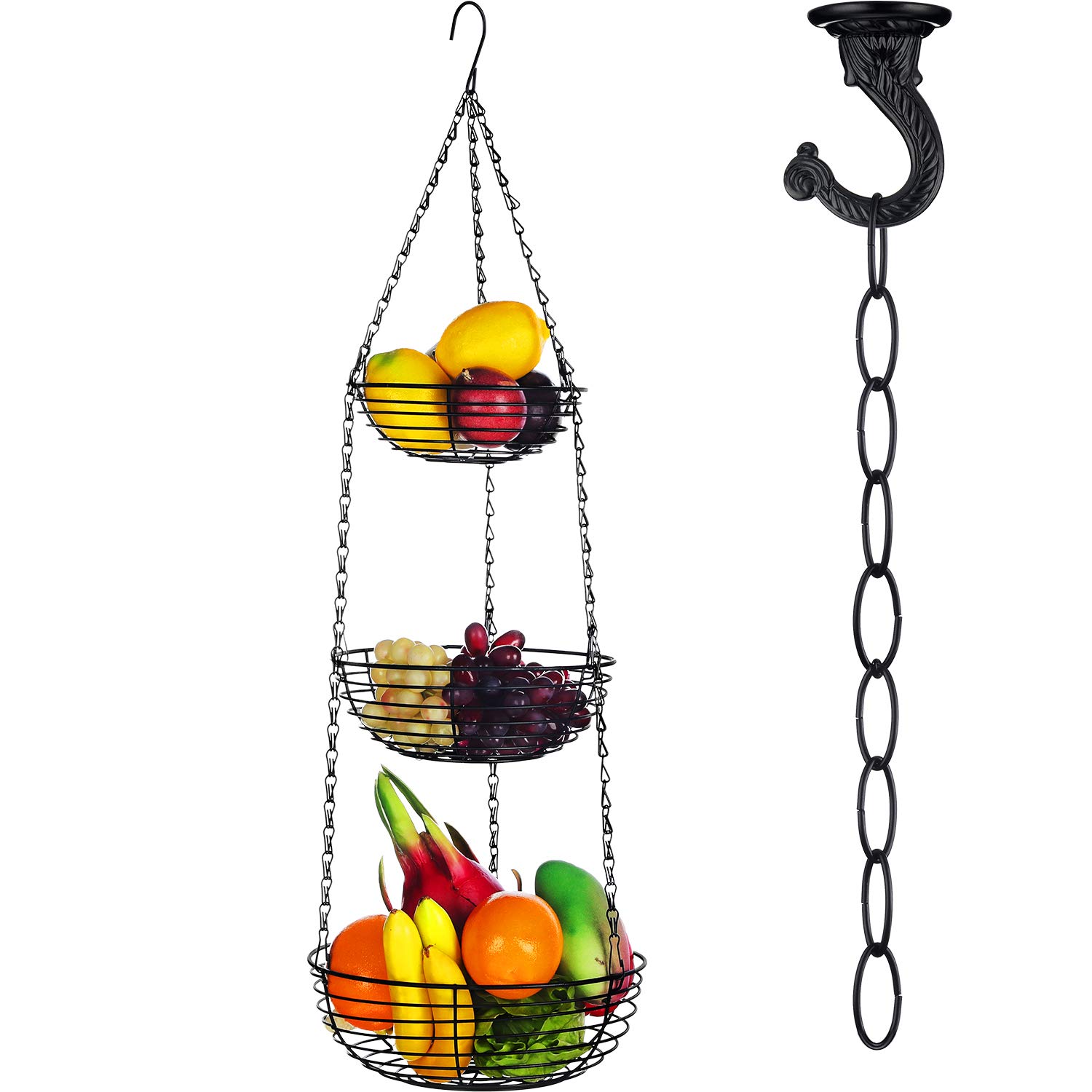 3-Tier Hanging Fruit Basket Organizer - 16 Inch Adjustable Wire Storage Basket with Ceiling Hook for Fruits, Vegetables, Snacks & Household Items - Space Saving Kitchen Storage Solution for Pantry, Balcony or Small Apartments (Black)