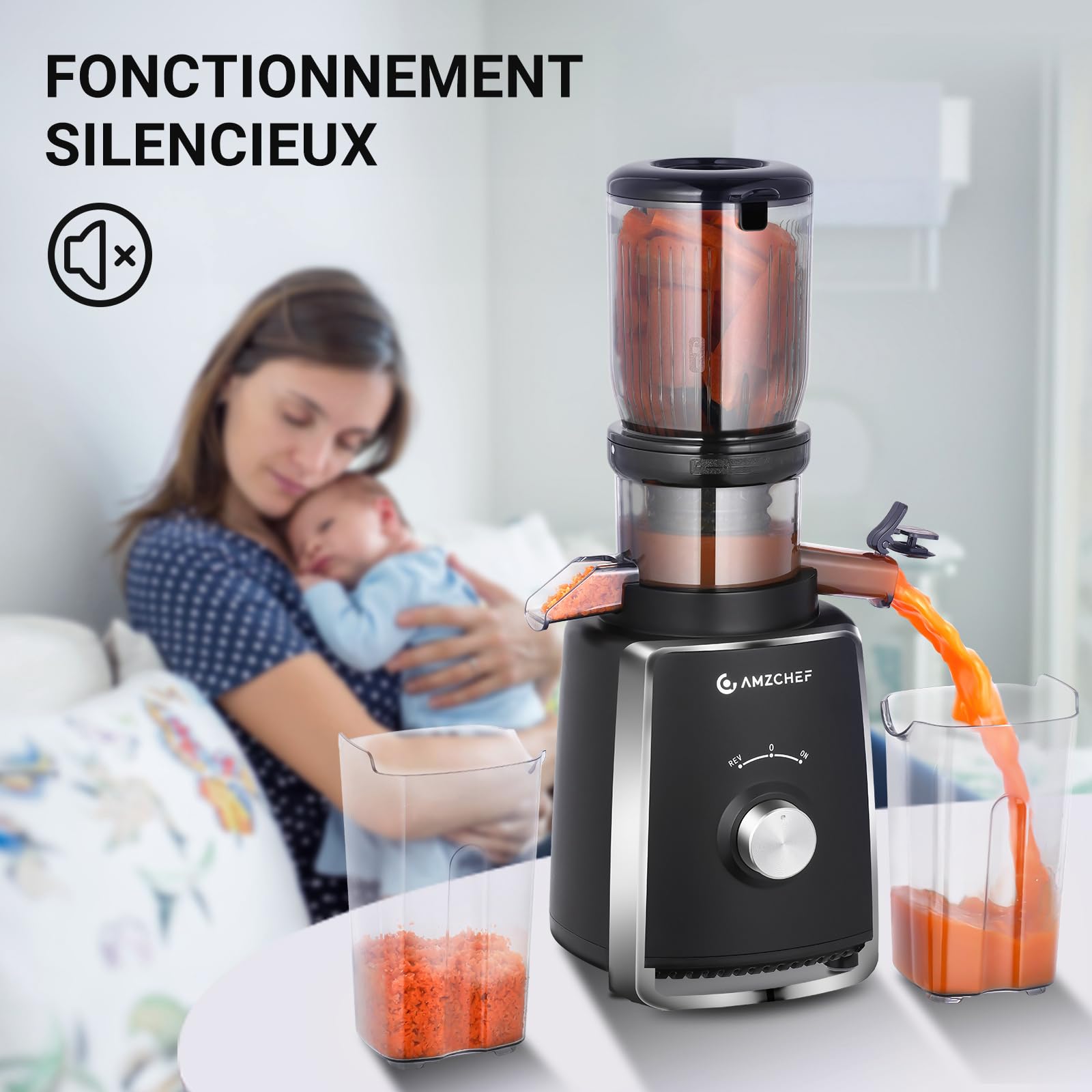 AMZCHEF 250W Juicer with 2 Non-Clogging Patented Filters for Soft & Hard Fruits & Vegetables - 103mm Wide Chute - High Juice Yield - Black - Perfect for Healthy Smoothies, Detox Drinks & Fresh Juices at Home