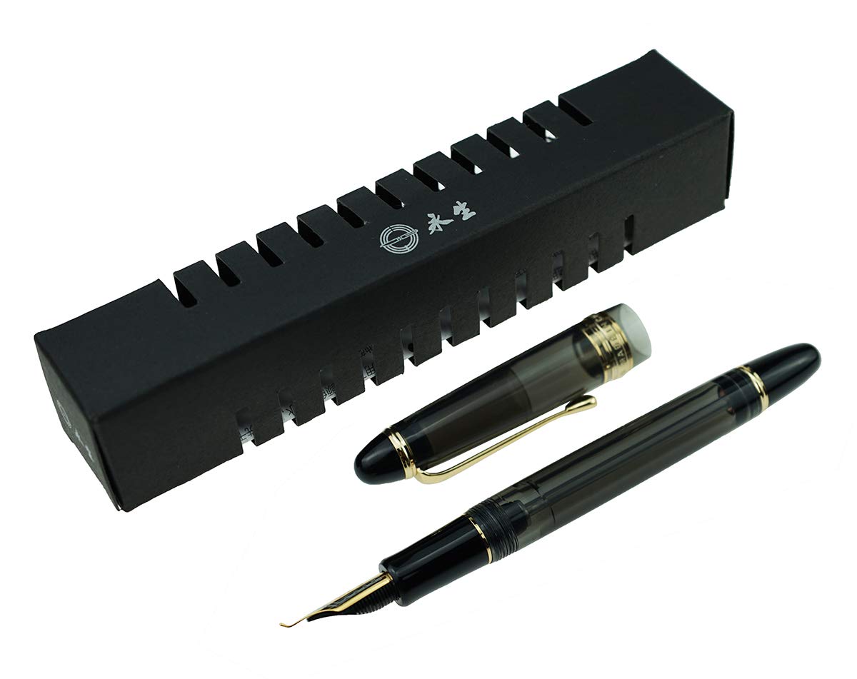 Lanxivi Yongsheng 699 Fountain Pen with Bent Nib (Fude Style) - Fine to Broad Line Variation, Vacuum Filling System, Transparent Gray Acrylic Body - Perfect for Calligraphy, Sketching & Journaling