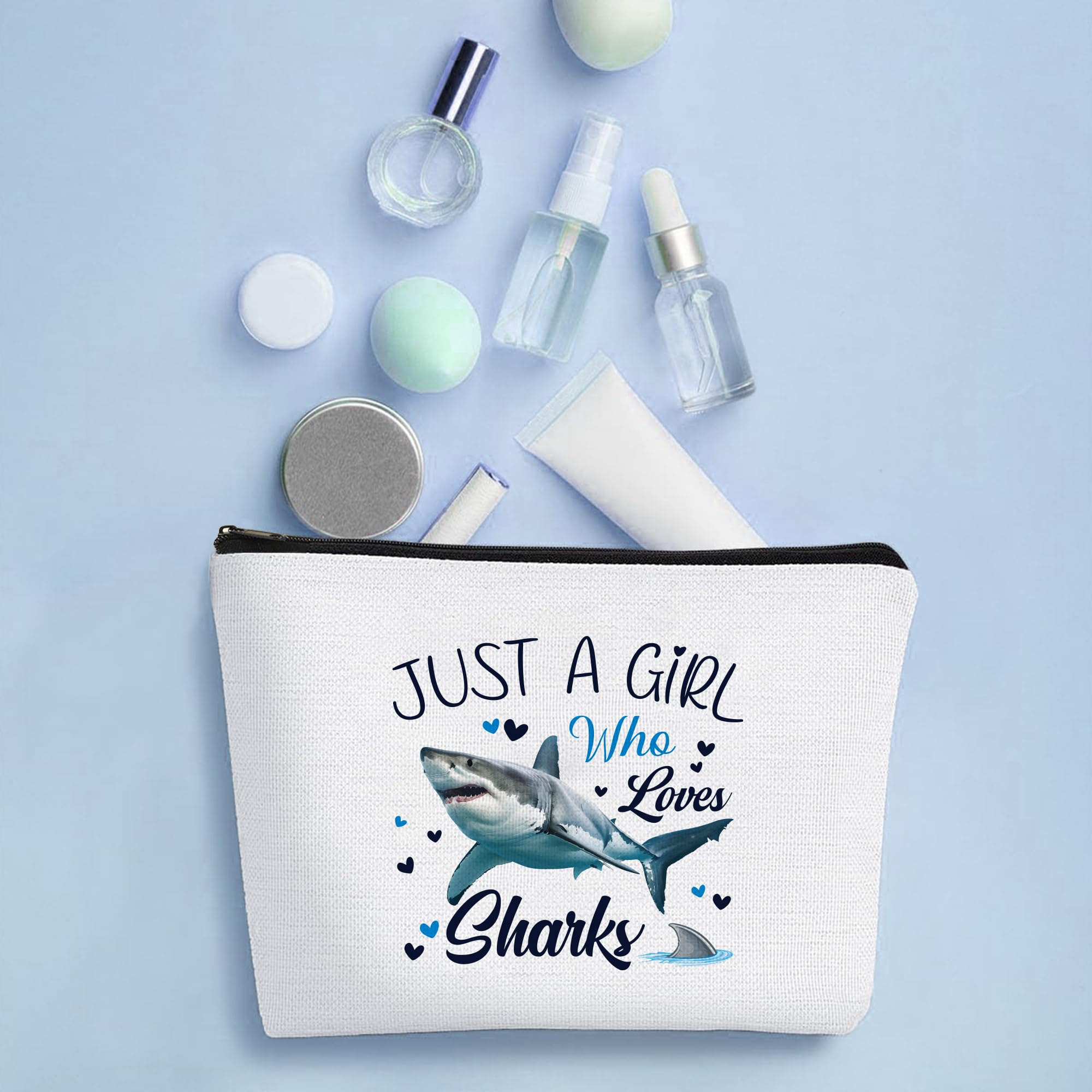 Shark Lover Makeup Bag for Women - Portable Travel Cosmetic Bag with Zipper - Perfect Gift for Shark Enthusiasts - Ideal for Travel, Gym & Daily Use (Just A Girl Who Loves Sharks)
