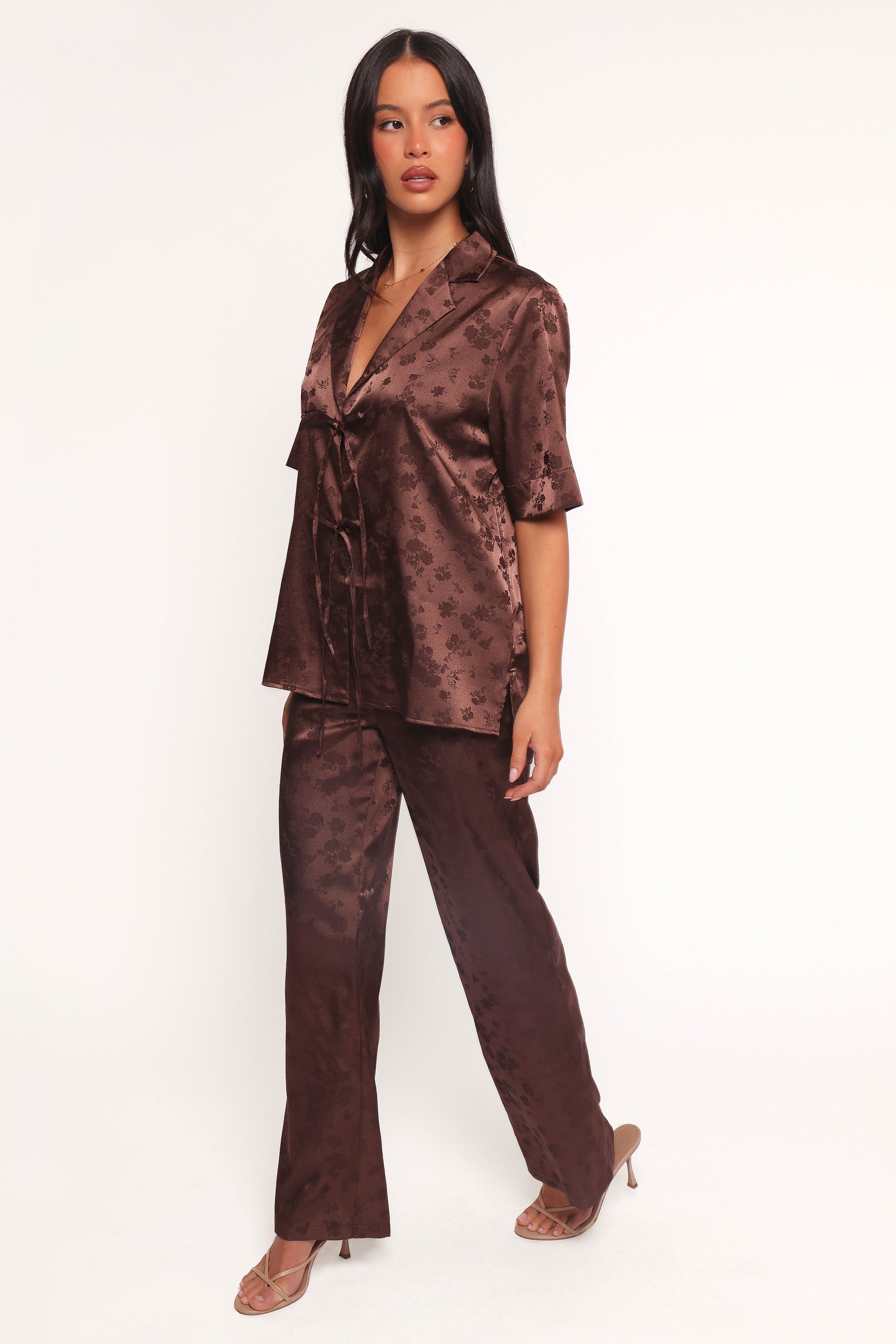 Aaliyah Women's High Waisted Satin Pants - Chocolate Brown for Casual Wear & Lounge