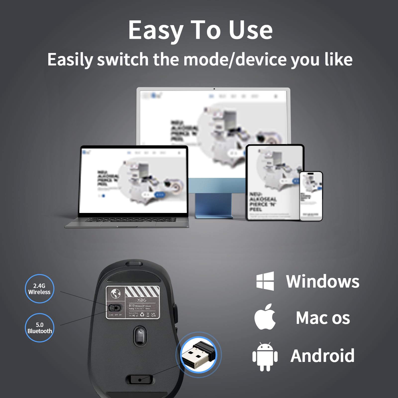 XBG Wireless Bluetooth Mouse 5.0 & 2.4G Dual Mode Rechargeable Silent Mouse with 3 Adjustable DPI, Ergonomic 6-Button Design for Computer/Laptop/Mac/iPad - Black | Perfect for Office, Home & Travel Use