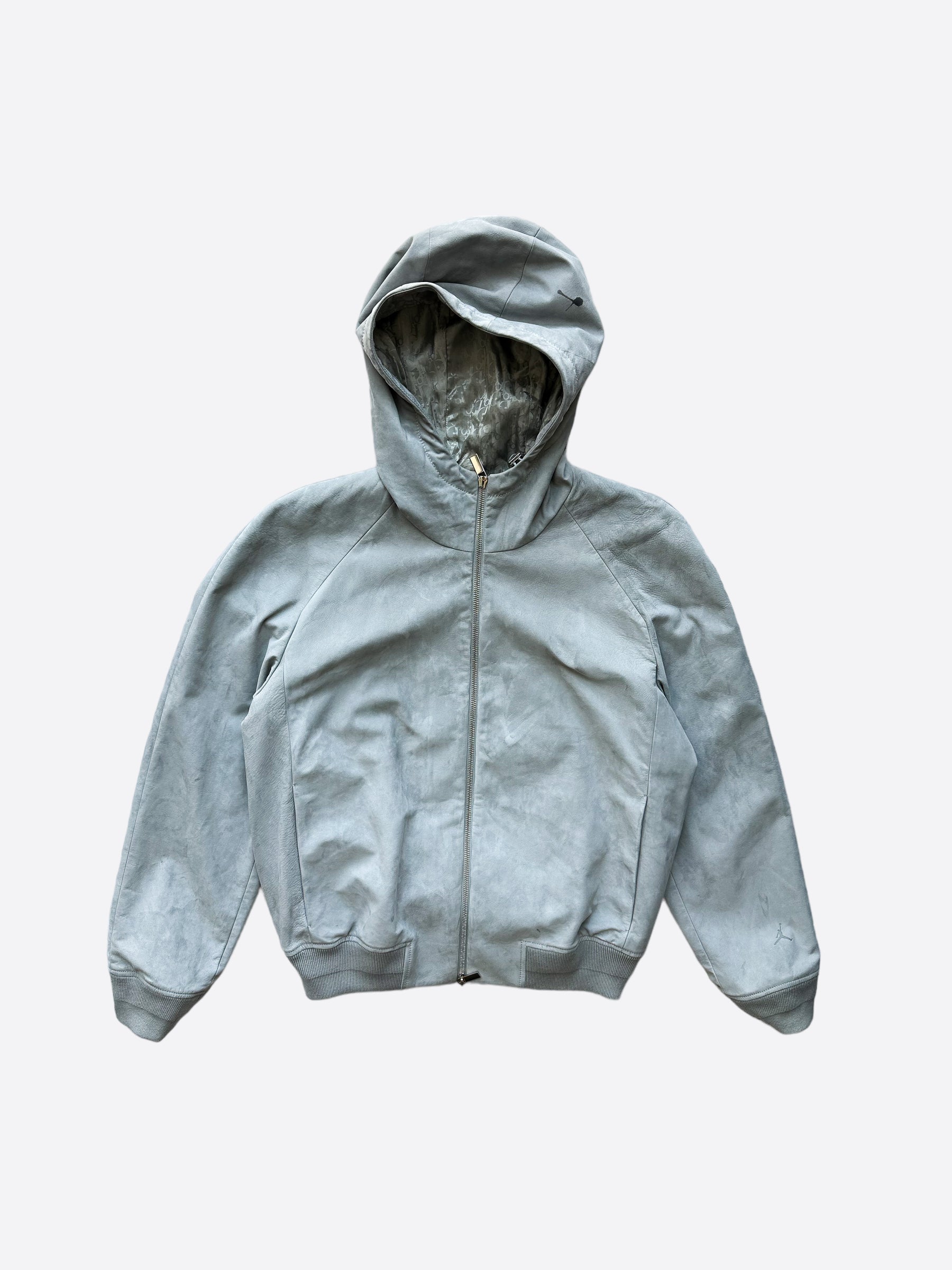 Dior Air Jordan Grey Leather Hooded Jacket for Men - Stylish Winter Coat with Hood - Perfect for Streetwear Fashion & Outdoor Activities