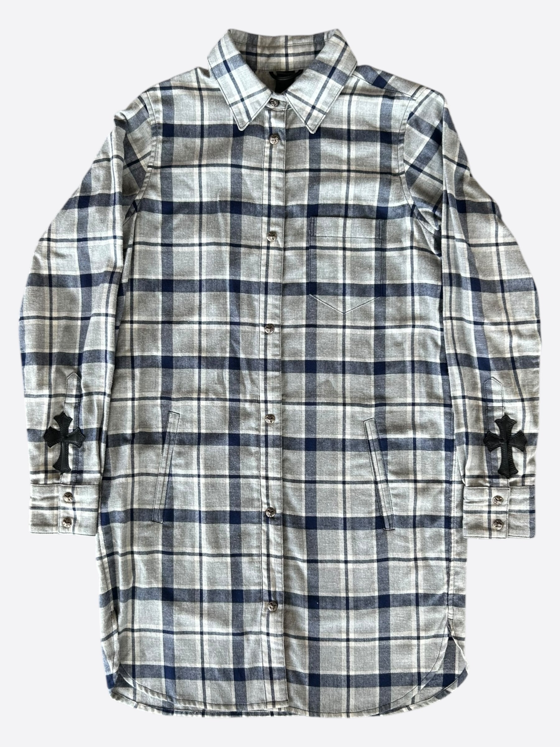 Chrome Hearts Grey & Blue Cross Patch Elongated Flannel Shirt - Stylish Gothic Streetwear for Men & Women | Perfect for Casual Outfits, Concerts and Fashion Statements