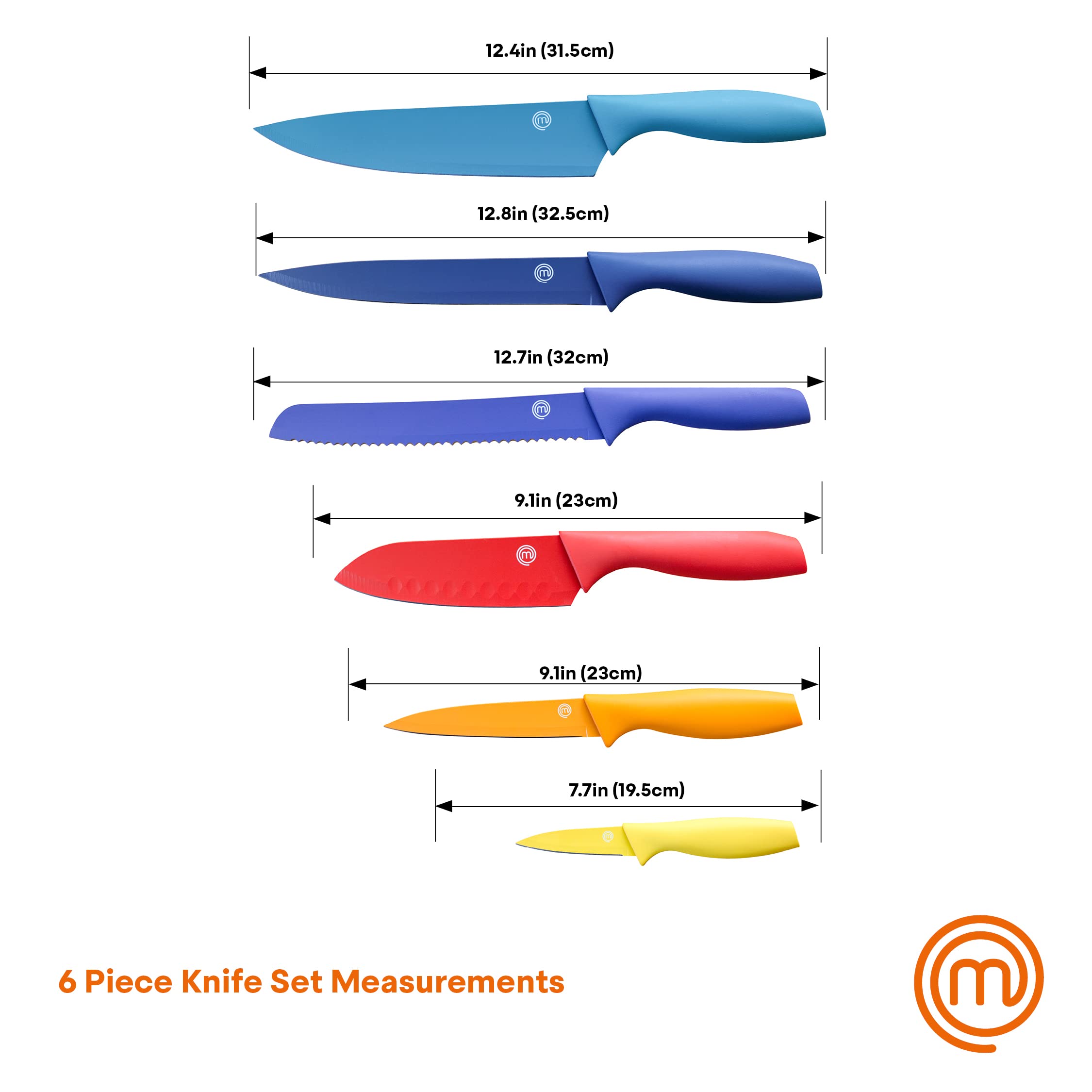 MasterChef 12-Piece Premium Kitchen Knife Set with Protective Covers - Includes Paring, Boning, Carving, Bread, Santoku & Chef Knives - Razor-Sharp Stainless Steel Blades with Sheaths (6 Colorful Knives + 6 Covers) - Perfect for Home Cooking, Professional Chefs & Culinary Enthusiasts