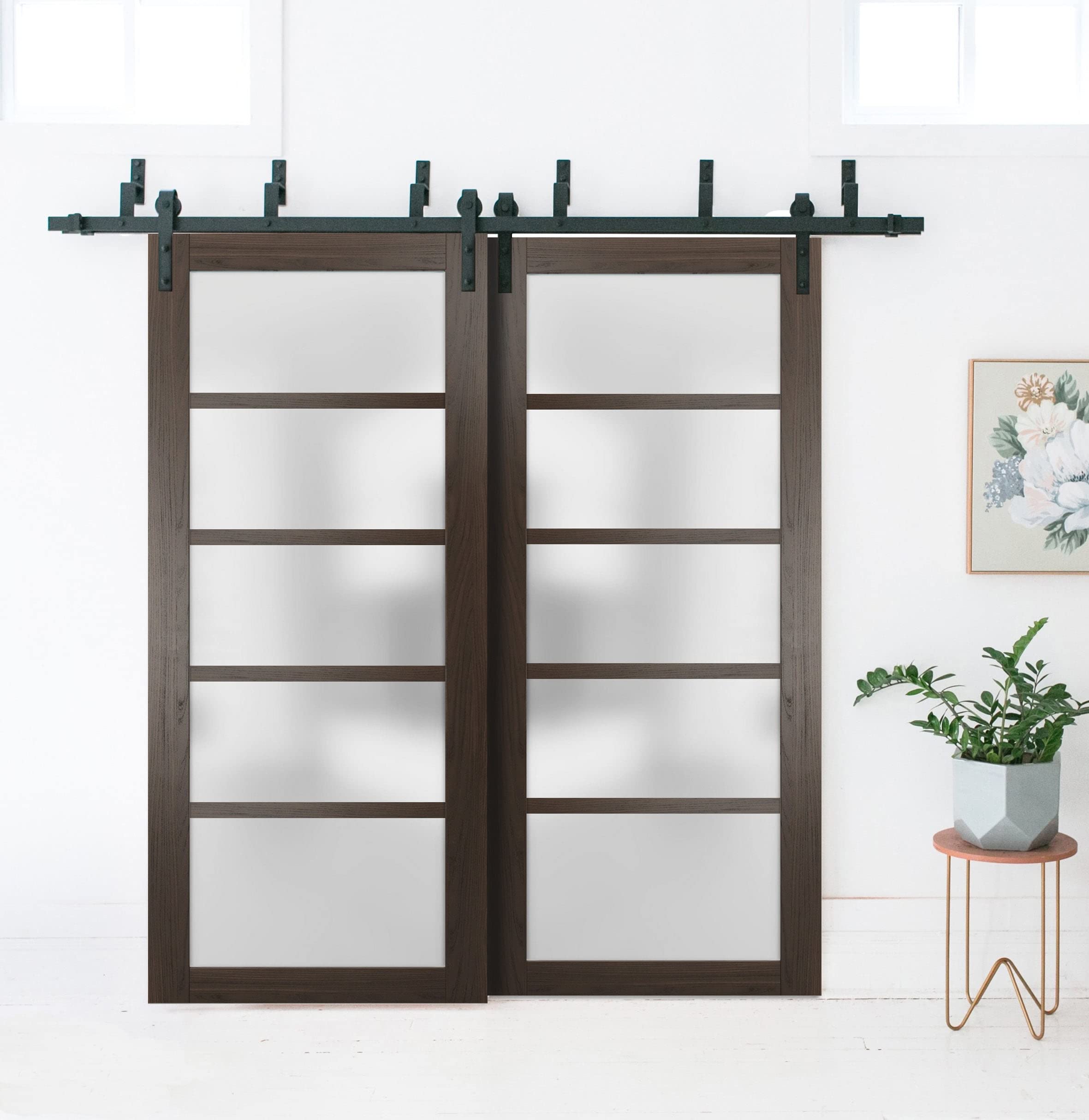 SARTODOORS 48x80 Inch Frosted Glass Sliding Barn Closet Doors - Quadro 4002 Chocolate Ash Finish | Heavy Duty Top Mount 6.6ft Rail Hardware Set | Solid Wood Wardrobe Doors for Bedroom & Walk-in Closet Organization | Modern Space-Saving Solution for Home & Office Storage