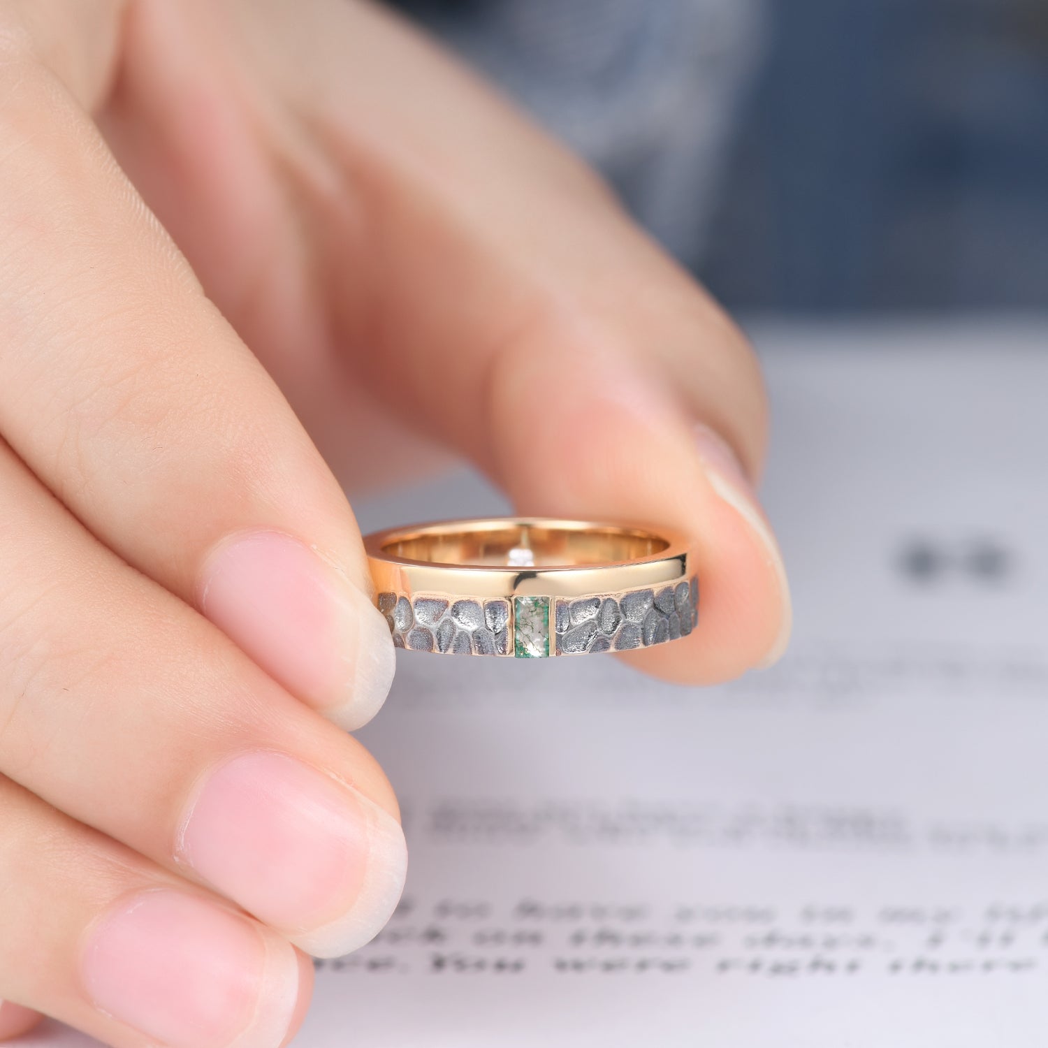 Moss Agate & Diamond Men's Hammered Rose Gold Wedding Band - 5mm Wide Comfort Fit Ring for Engagement, Anniversary & Special Occasions