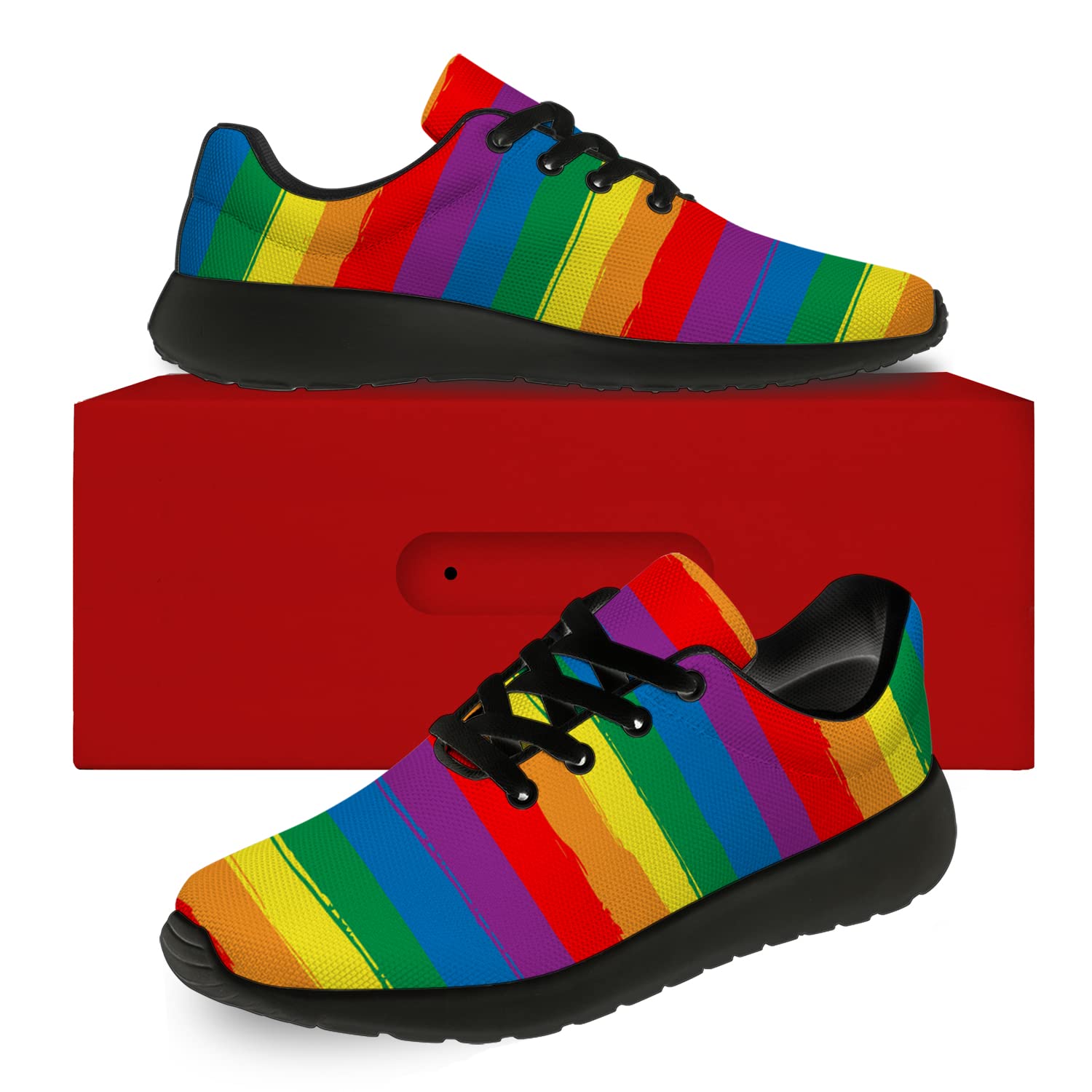 LGBTQ Pride Running Shoes for Men & Women - Rainbow Stripes Sneakers with LGBT Flag Design - Comfortable Walking & Tennis Shoes - Size 10.5 Men/12 Women Black - Perfect for Pride Parades, Gym Workouts & Casual Wear