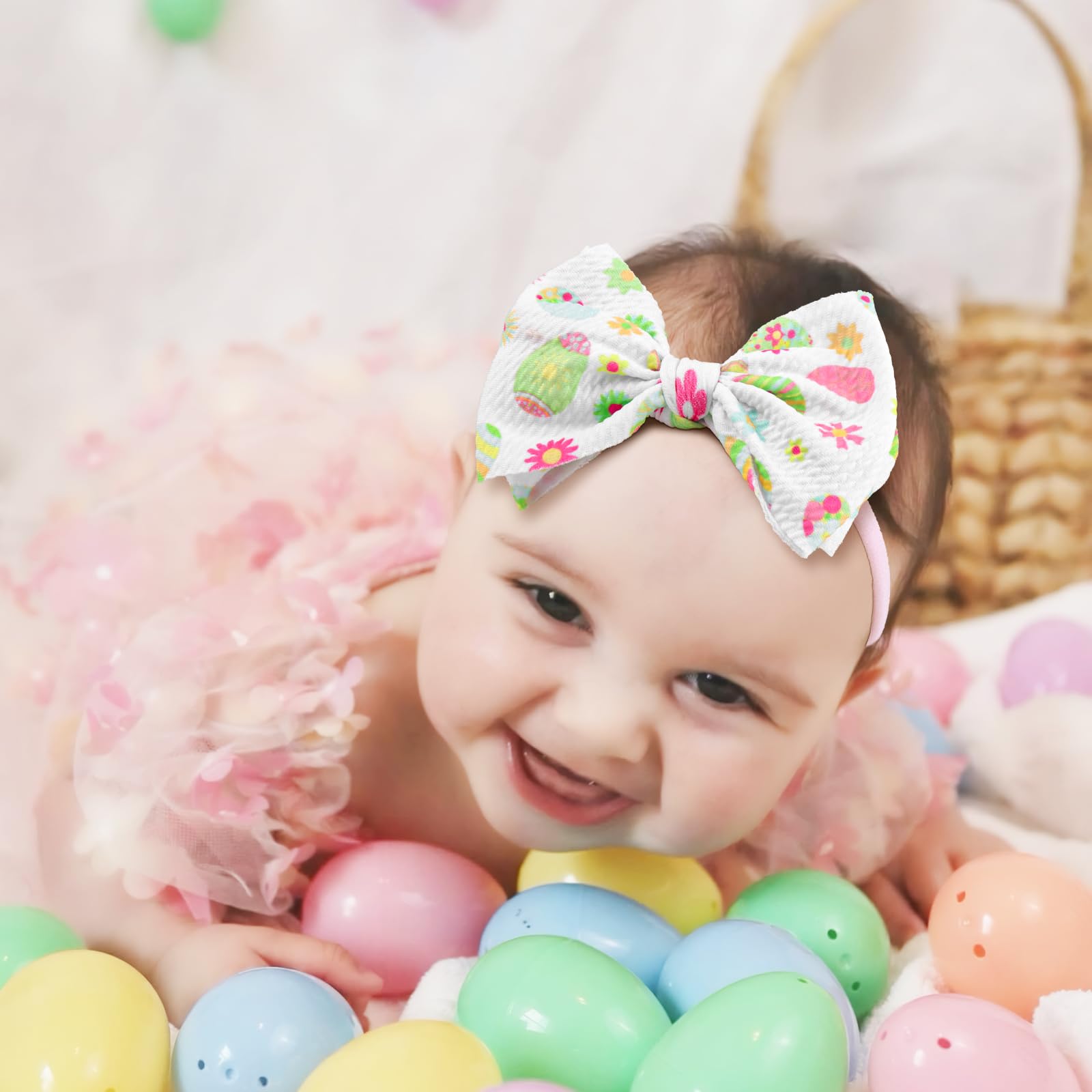 Easter Bunny Ears Headbands for Toddler Girls - 4 Pack Cute Rabbit Hair Bows with Egg Designs - Perfect Easter Gifts for Baby Girls & Infants - Great for Easter Egg Hunts, Church Services, and Spring Photoshoots
