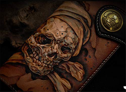 Handcrafted 3D Genuine Leather Biker Wallet for Men - Custom Engraved & Hand-Painted Long Wallet with Skull Design - Perfect for Motorcycle Riders, Truckers & Gift Giving