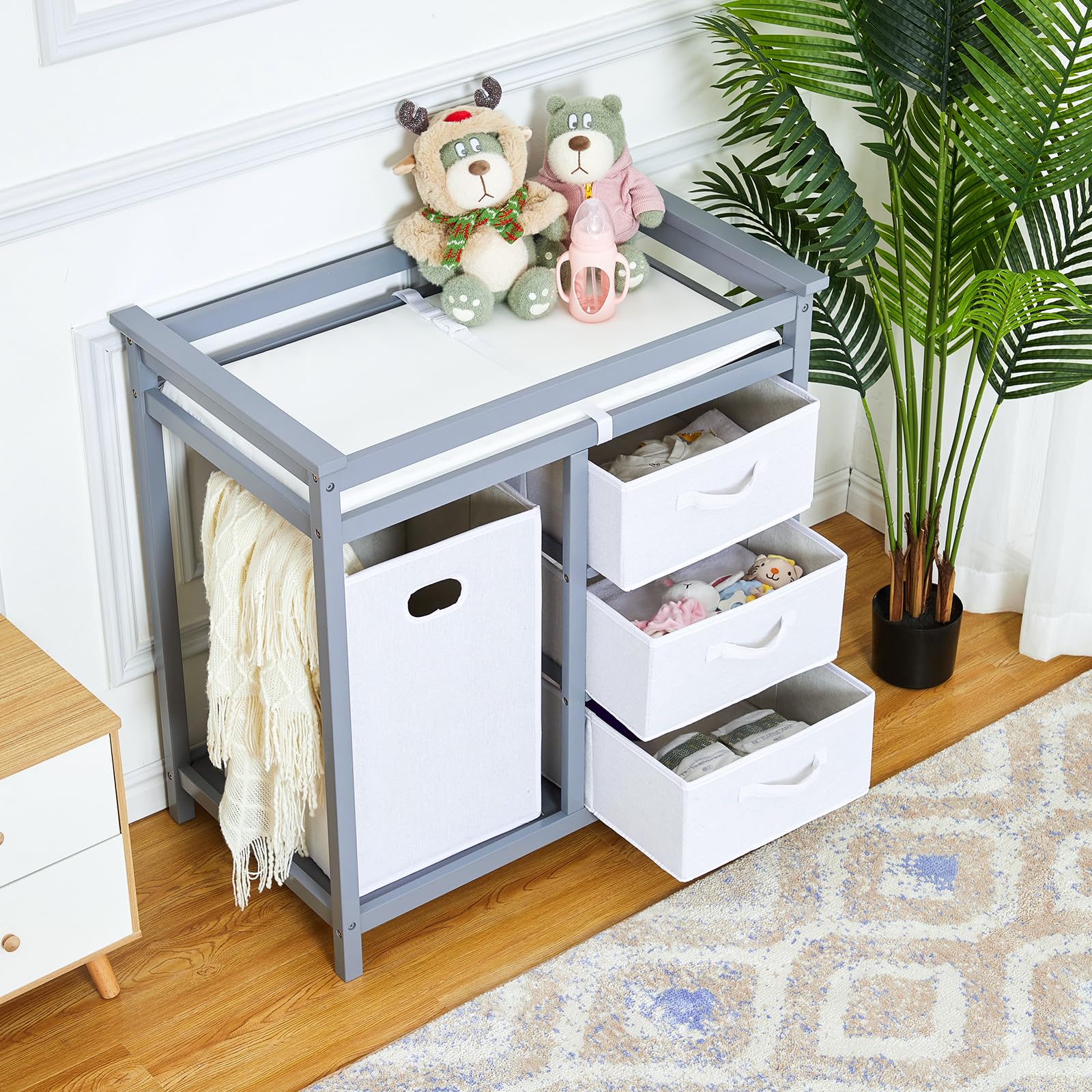 Wooden Baby Changing Table with Drawers & Hamper - Nursery Essentials for Diaper Changes