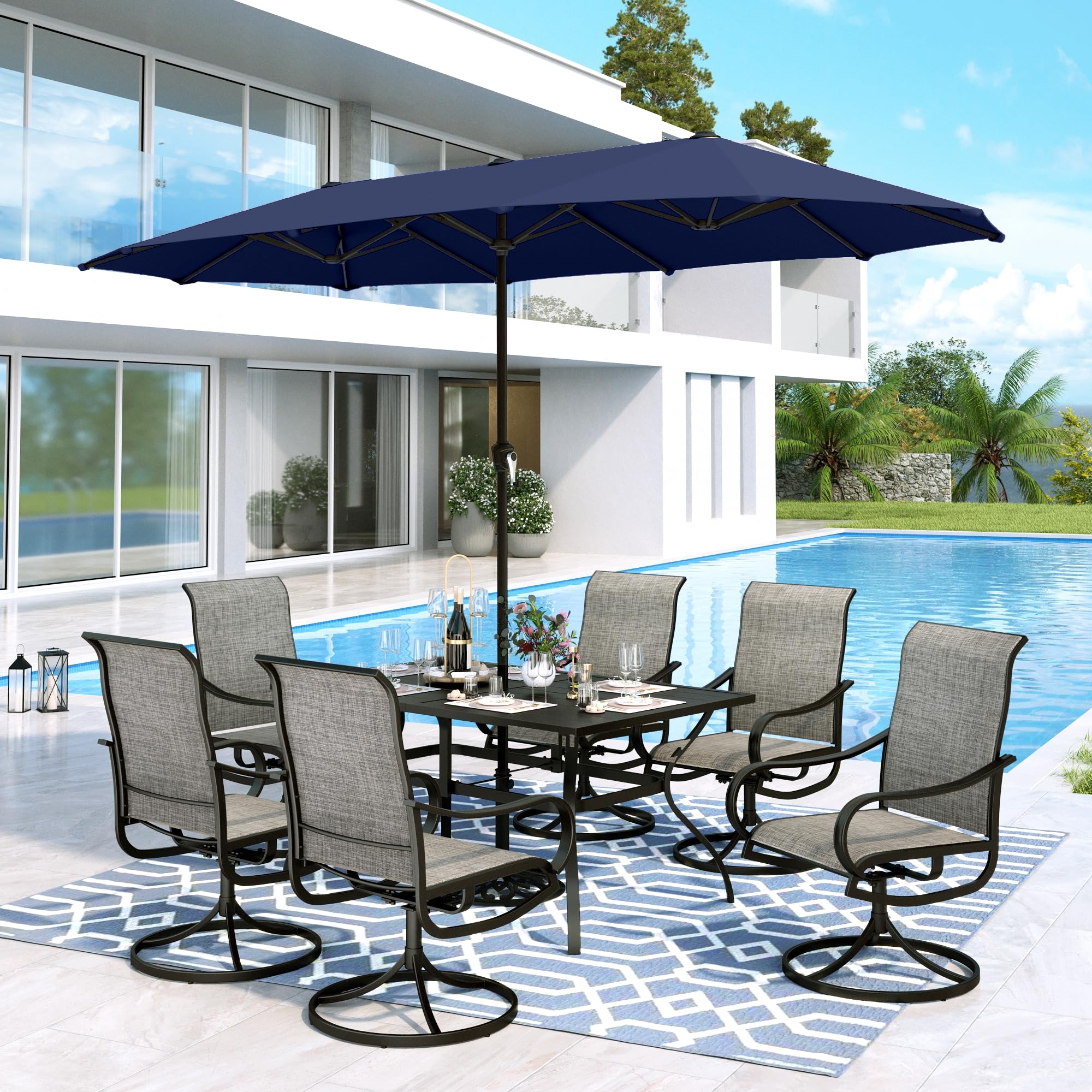 MFSTUDIO 6-Piece Outdoor Dining Set with Navy Umbrella - Rectangle Metal Table & Swivel Chairs for Patio, Deck, Backyard, Garden - Perfect for Summer BBQs, Poolside Gatherings & Outdoor Entertaining