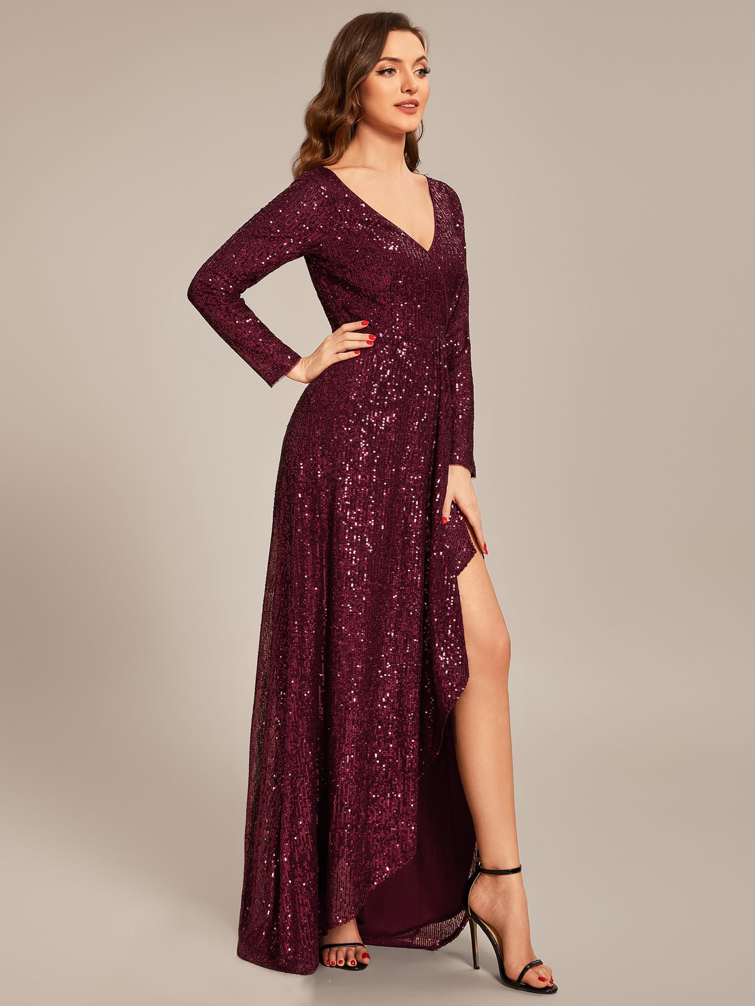 Ever-Pretty Women's Sexy Winter Sequin Long Sleeve A-Line High-Low Maxi Evening Dress 50146 - Perfect for Holiday Parties, Christmas Events & Formal Occasions