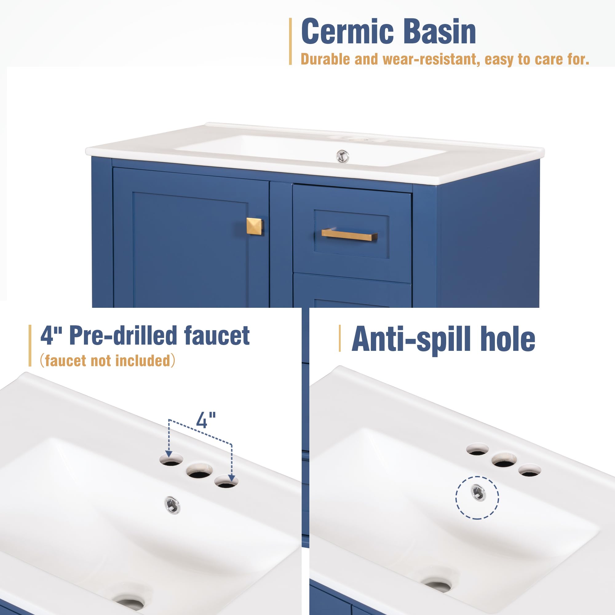 **30-inch Navy Blue Bathroom Vanity with Sink - Solid Wood Cabinet, 2 Drawers + 1 Tip-Out Drawer, Soft-Close Doors, Easy Assembly - Perfect for Modern & Coastal Bathroom Decor**