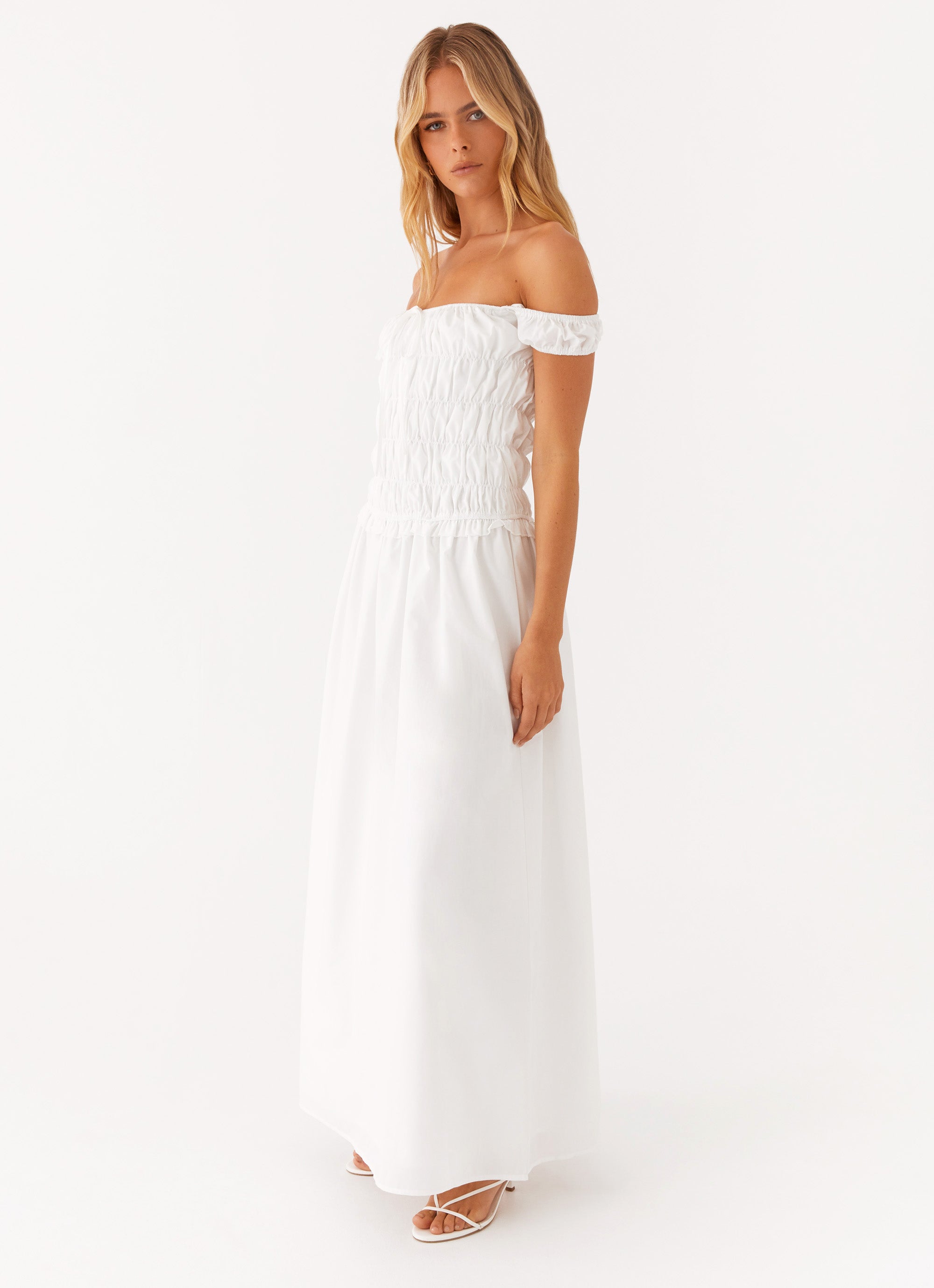 Elegant Off Shoulder Maxi Dress - Ivory | Flowy Summer Boho Dress for Women | Perfect for Beach Vacations, Weddings & Date Nights