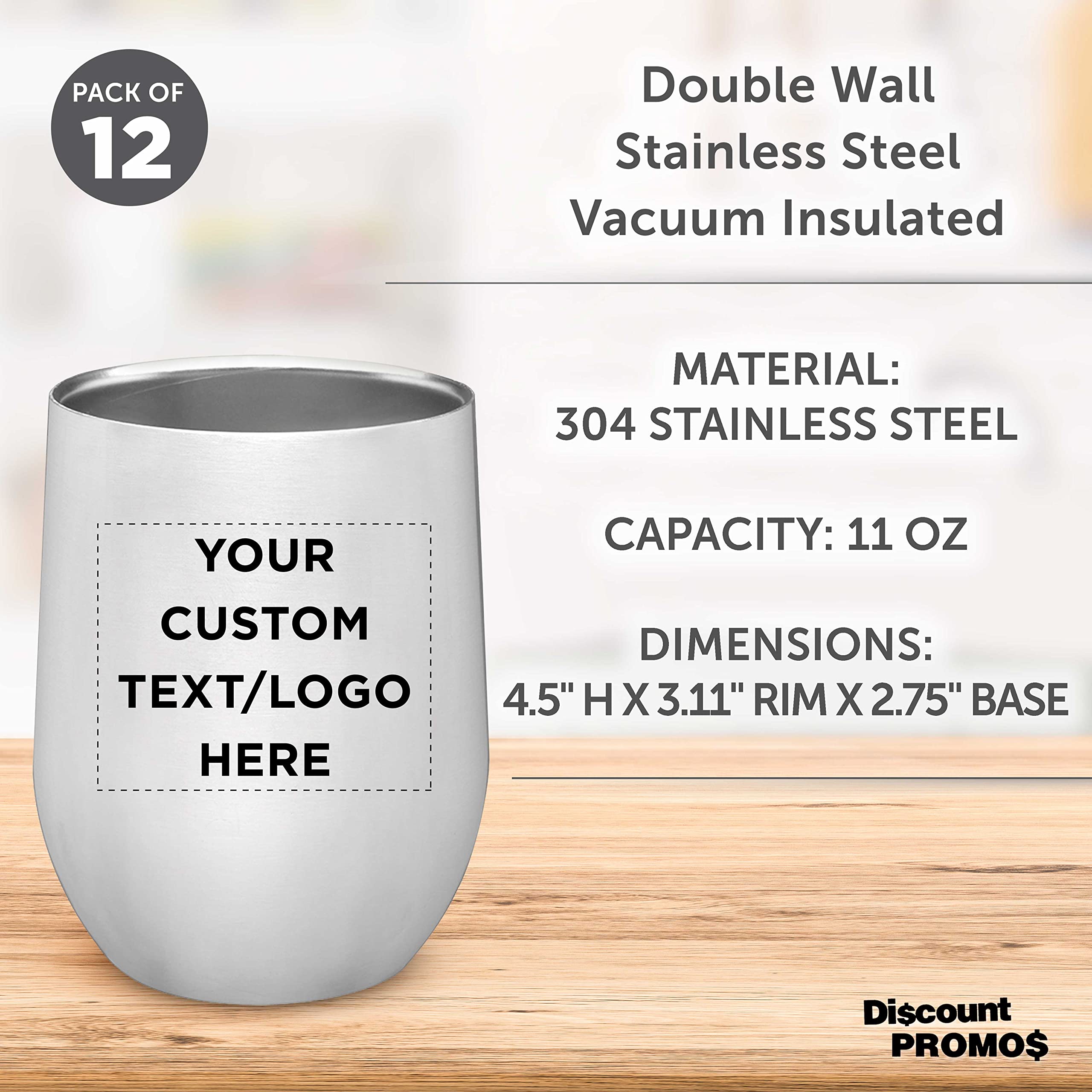 Personalized Stainless Steel Stemless Wine Glasses Set of 12 (11 oz) - Custom Engraved Bulk Pack for Wine, Cocktails, Beer & Beverages - Dishwasher Safe Silver Cups - Perfect for Parties, Weddings, Gifts & Home Bar Use