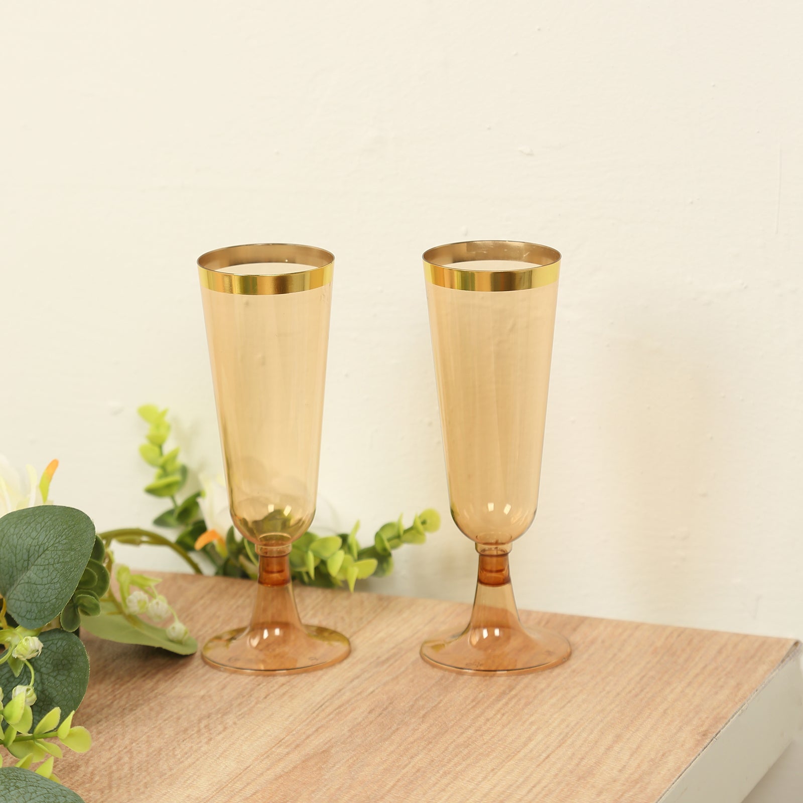 12 Pack Disposable Plastic Champagne Flutes - 5oz Clear Amber Gold Glasses with Gold Rim for Wedding, Party & Cocktail Events - Elegant Disposable Drinkware for Celebrations, Bridal Showers & Special Occasions