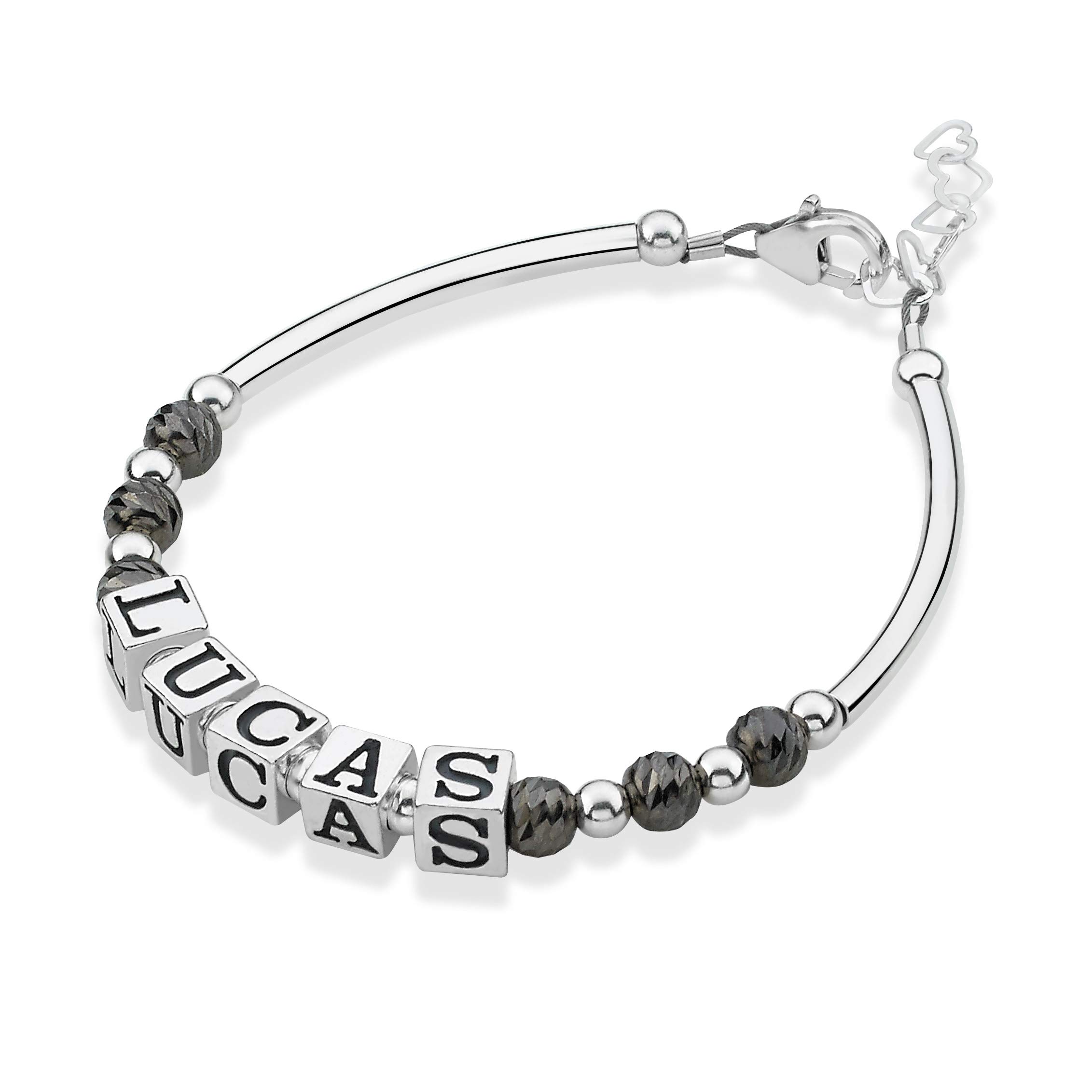 Sterling Silver Personalized Baby Name Bracelet with Grey Beads - Custom Engraved Boy's Bracelet for Birthdays, Baby Showers & Keepsake Gifts - Perfect for Newborns, Christenings & Special Occasions (BN27)
