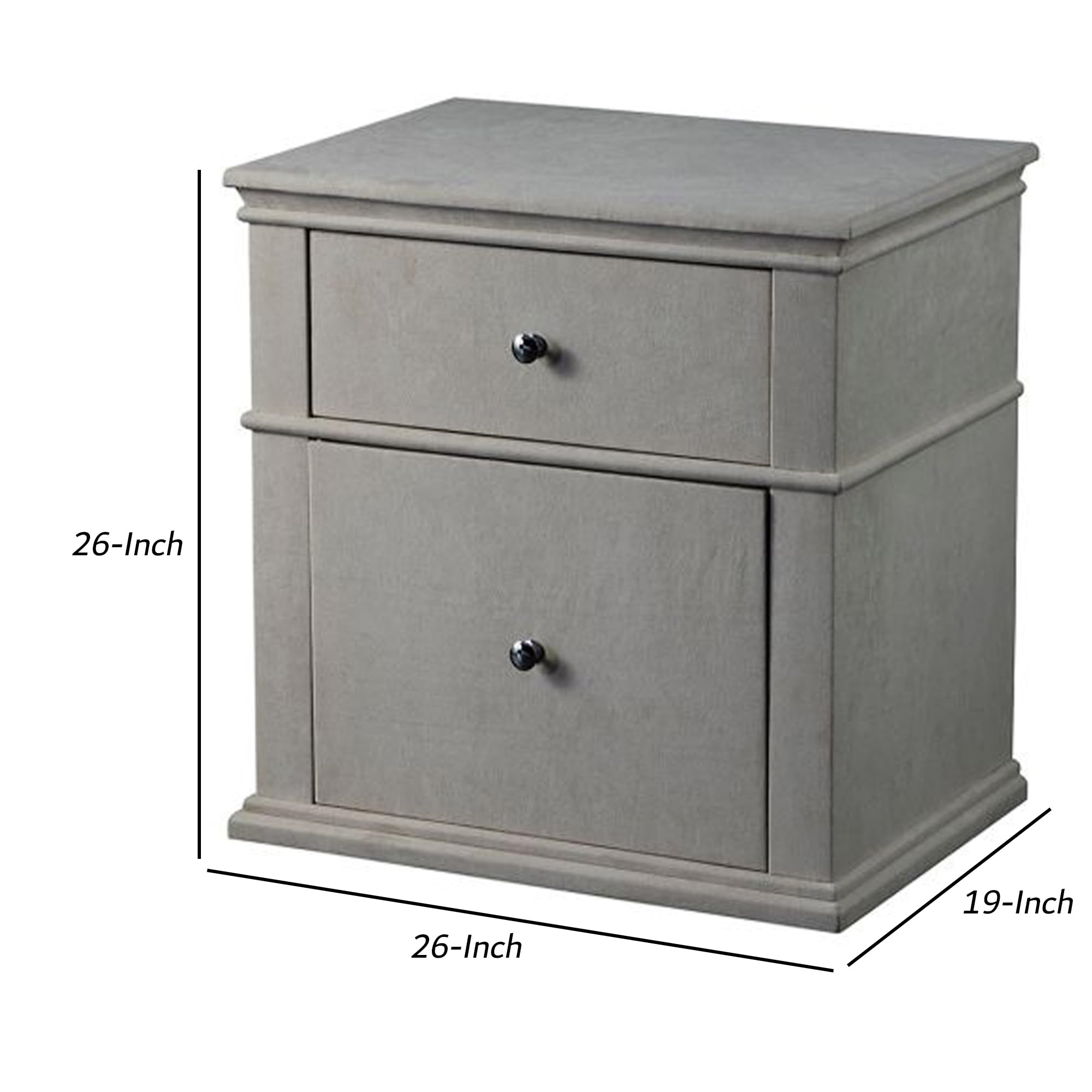 Benjara Spacious Fabric Upholstered Wooden Nightstand with 2 Drawers - Light Gray Bedside Table for Bedroom, Living Room & Guest Room Storage