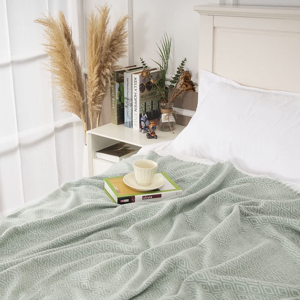 Gealaek Diamond Lattice Faux Cashmere Throw Blanket - Honeydew Fringe, Lightweight & Ultra Soft Cozy Blanket (50