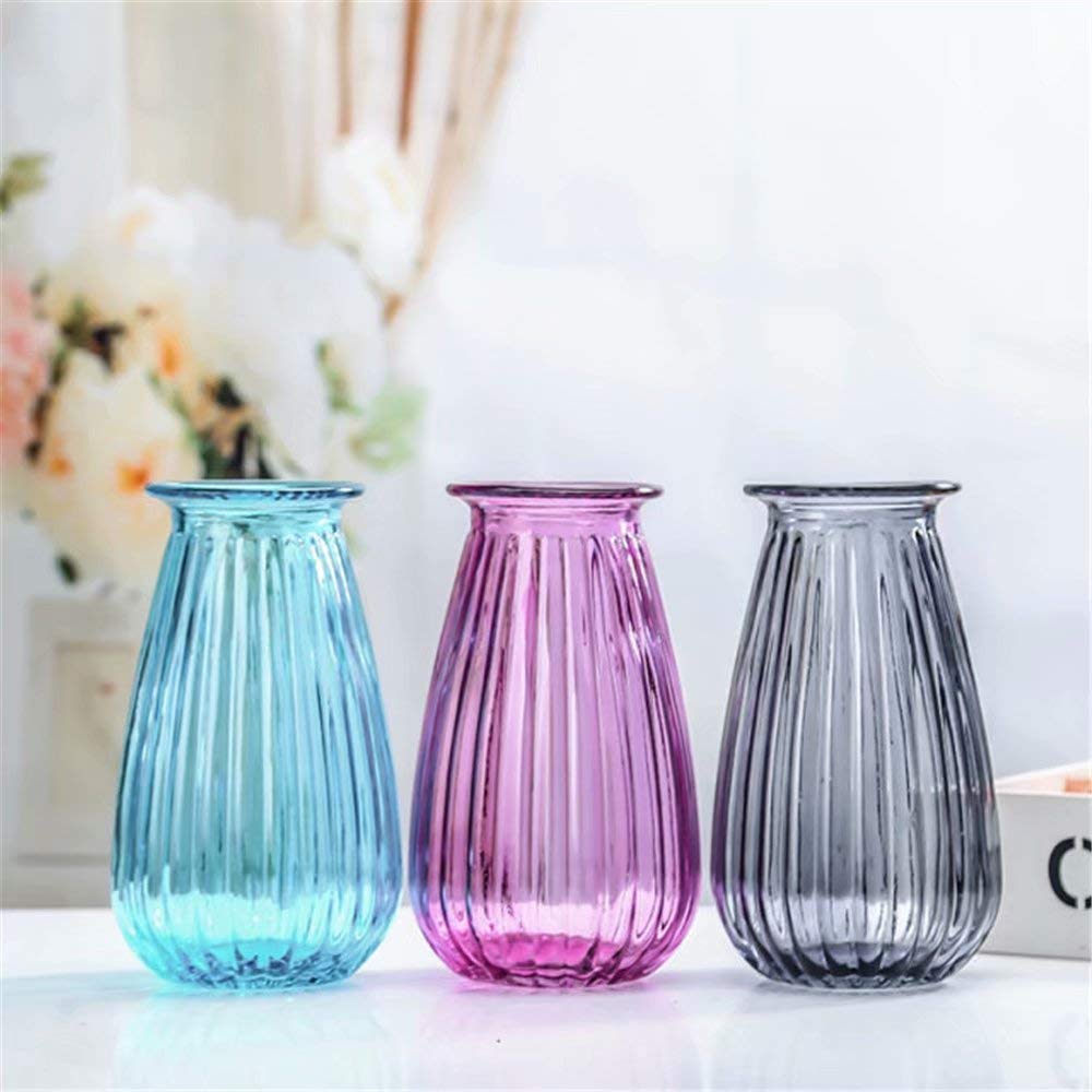 3.5 Inch Wide Modern Angled Stoneware Vase - Purple Transparent Glass Flower Pot with Grooved Design, Large Rose Vase for Home Decor, Wedding Centerpiece & Floral Arrangements