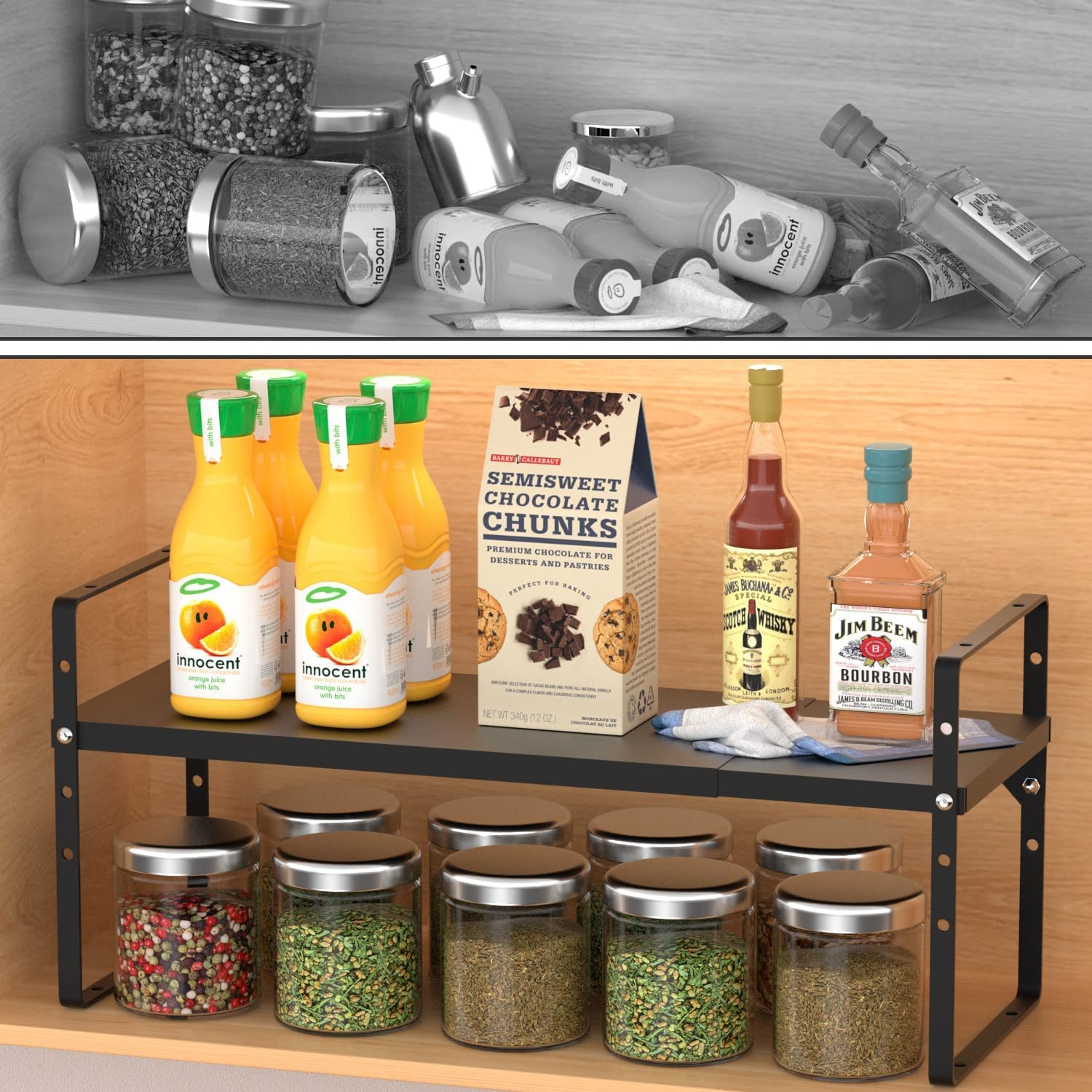 Expandable Cabinet Shelf Organizer - Heavy Duty Stackable Kitchen Pantry Storage (80LBS Capacity) - Adjustable Closet & Cupboard Organizer Rack - Spice & Counter Organization - Large Black 1 Pack - Perfect for Pantry, Bathroom & Closet Storage Solutions
