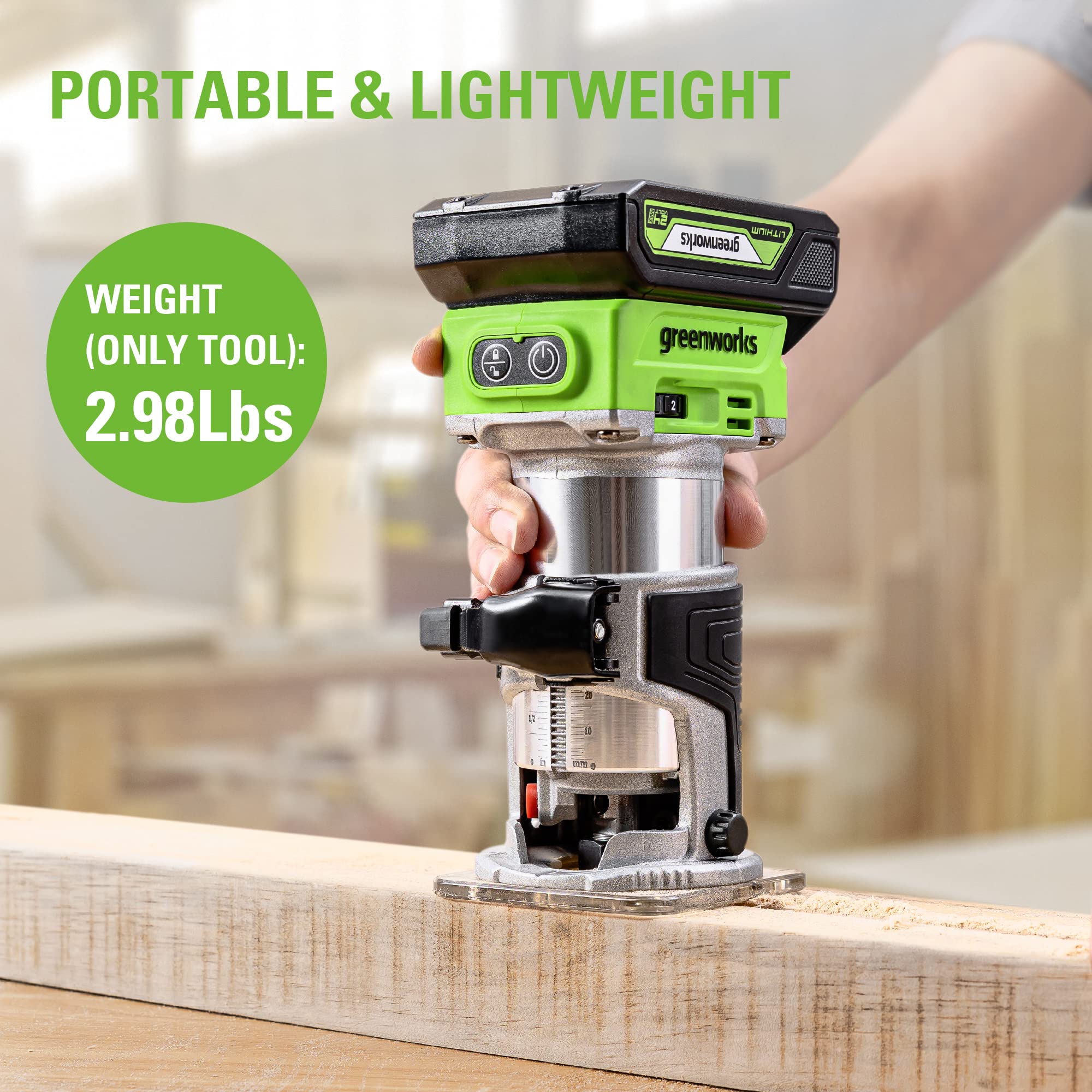 Greenworks 24V Brushless Compact Router with 2Ah Battery and Charger - Powerful Cordless Woodworking Tool for DIY Projects & Professional Carpentry