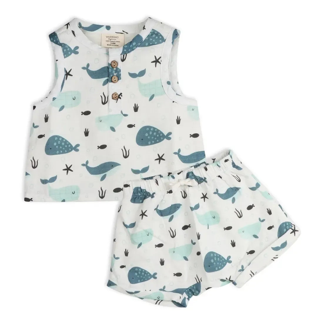 Viverano Organic Cotton Tank Top and Shorts Set - Whales Print - Women's Casual Loungewear for Summer, Beach, Yoga, and Travel