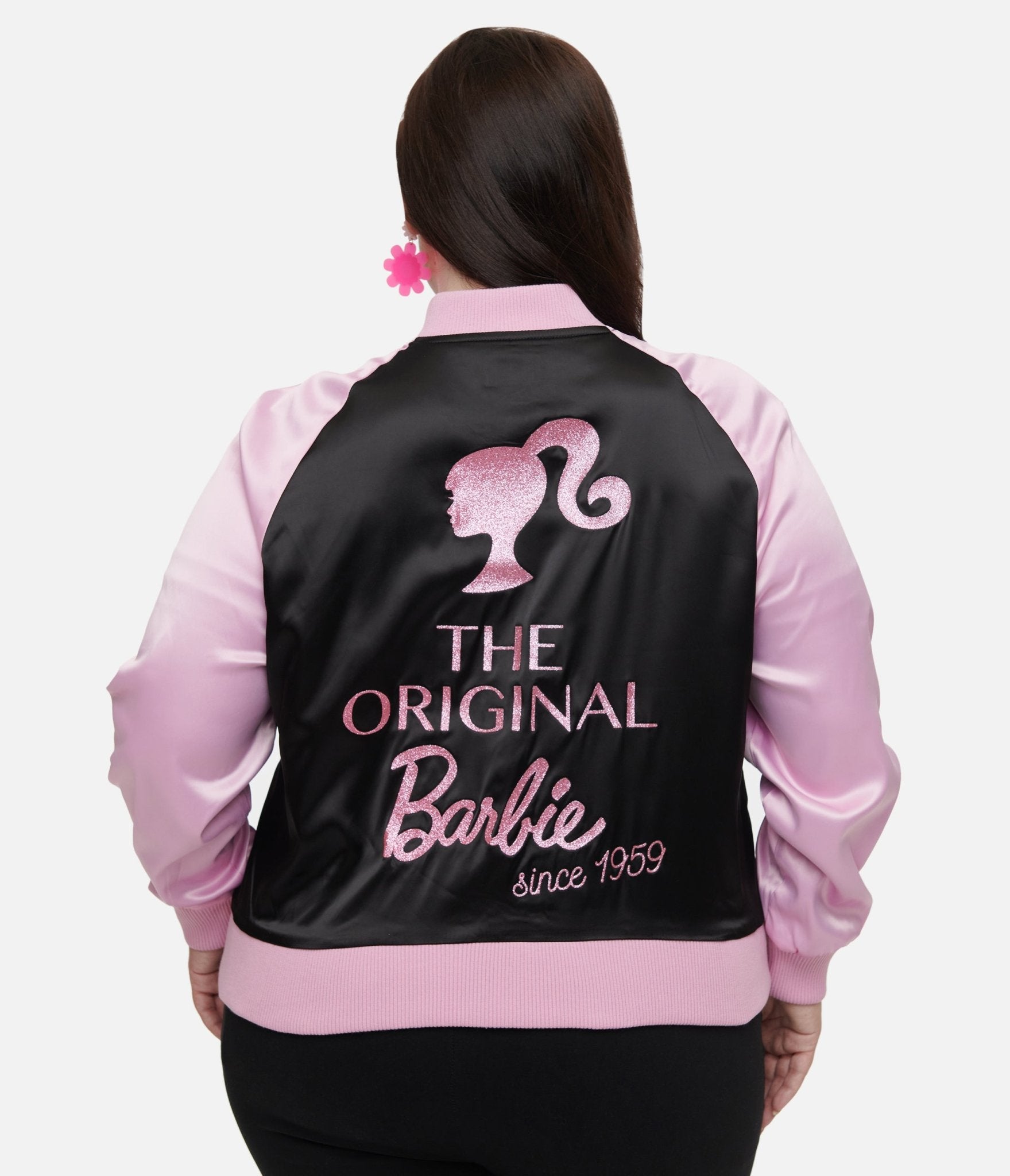 Unique Vintage Plus Size Pink & Black OG Barbie Long Sleeve Bomber Jacket for Women - Retro Barbie Inspired Fashion - Perfect for Cosplay, Halloween & Vintage Style Outfits