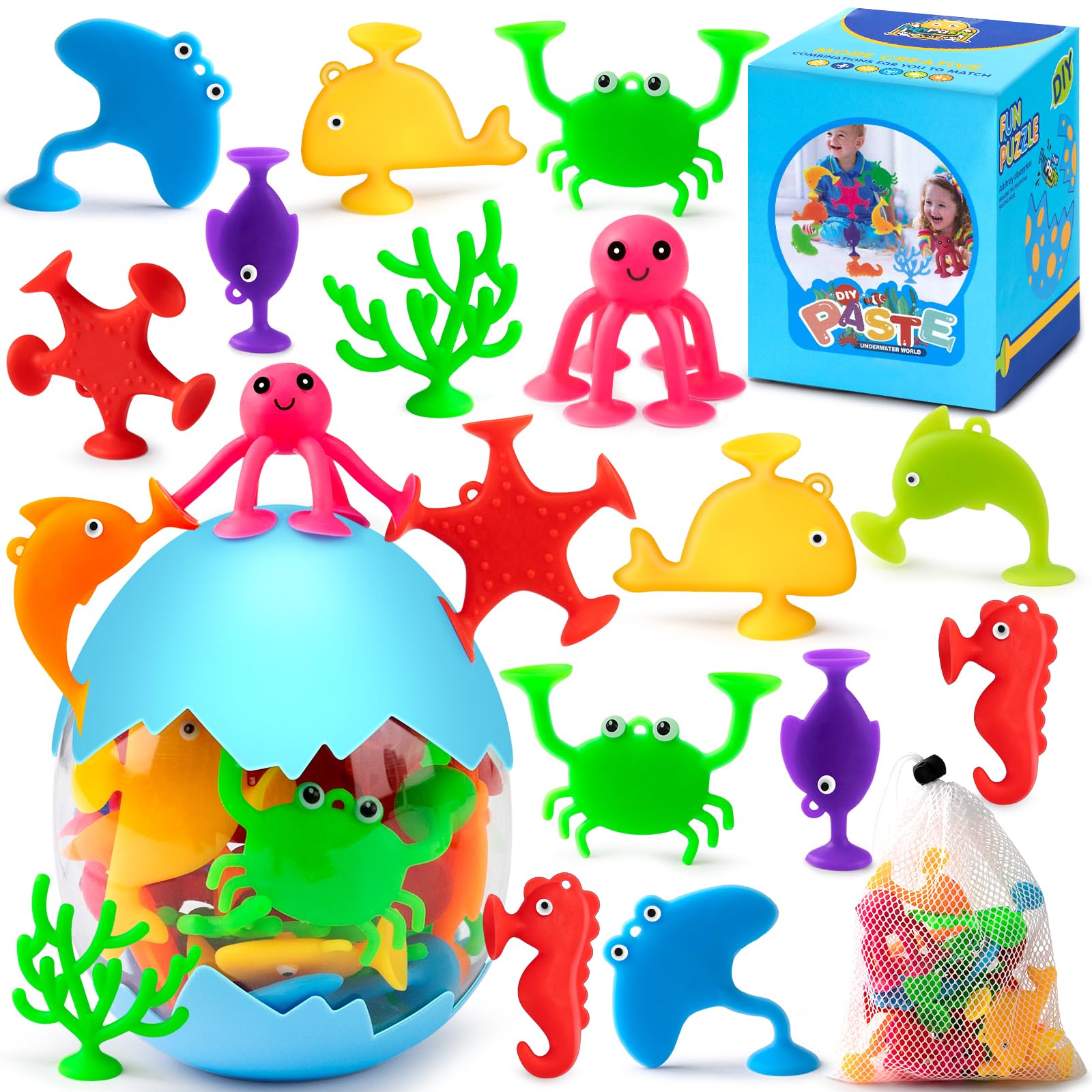 18pcs Ocean Animal Suction Cup Bath Toys for Kids - Waterproof Sensory Toys with Eggshell Storage | Mold-Free Toddler Bath Time Fun for 3-7 Year Old Boys & Girls | Perfect Travel Toys & Birthday Gifts for Pool, Beach & Bathtime Play