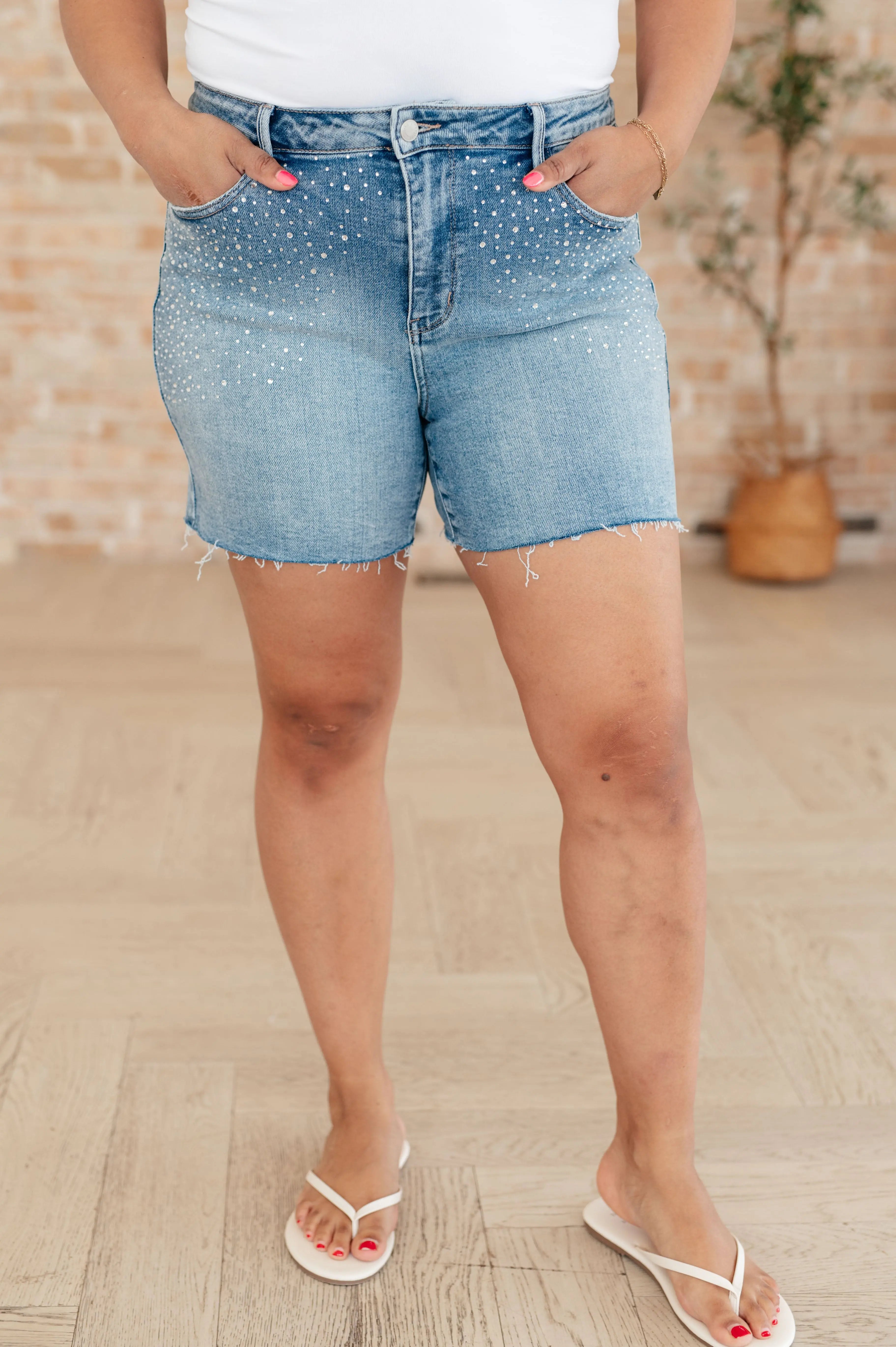 Elle High Rise Rhinestone Cutoff Denim Shorts for Women - Trendy Distressed Jeans Shorts with Sparkling Rhinestones | Perfect for Summer, Beach, Music Festivals & Night Out