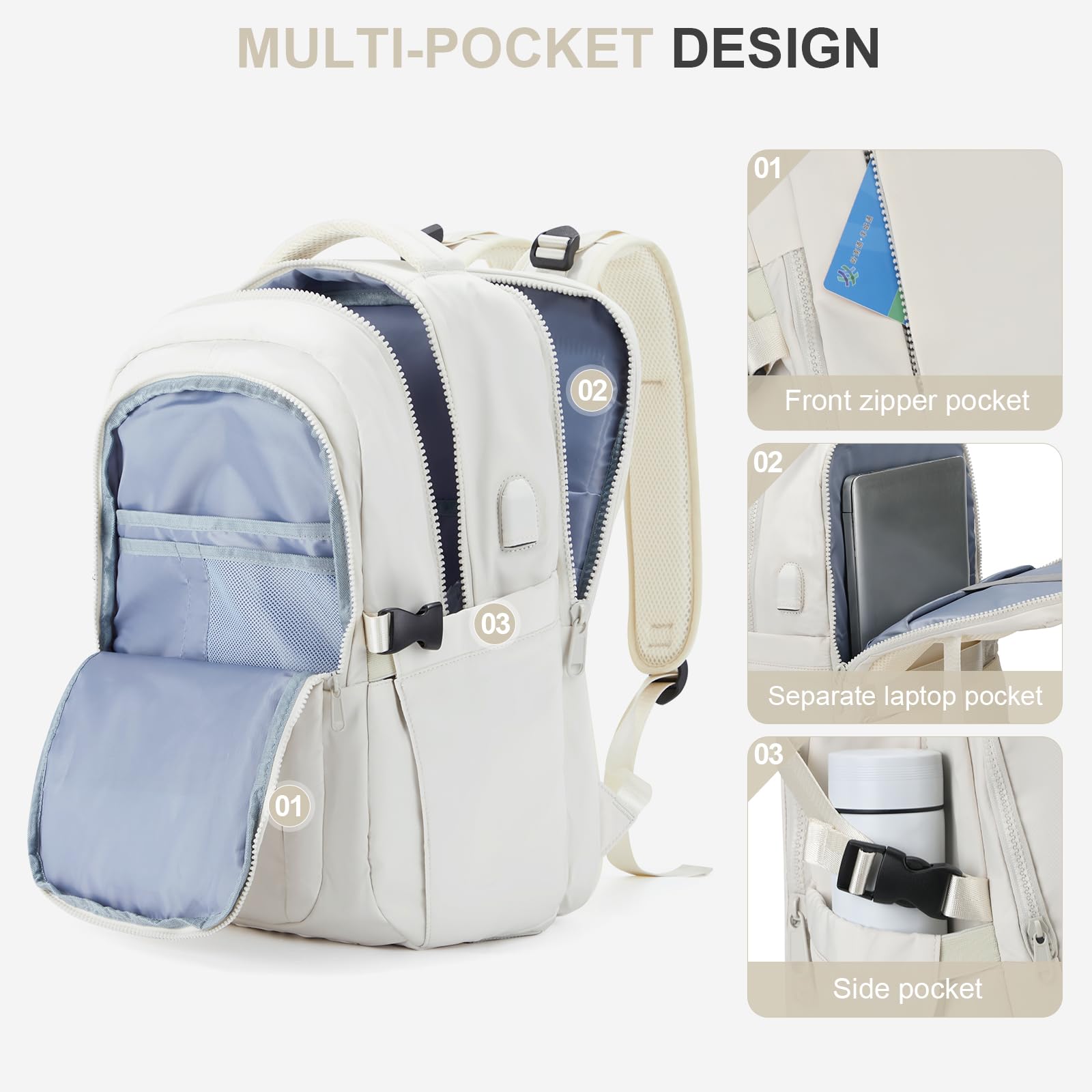 Suwasp Large Airline Approved Carry On Backpack for Women & Men - TSA Compliant Personal Item Bag for Frontier Airlines & Flights, Durable Travel Backpack with Spacious Compartments - Perfect for Business Trips, Weekend Getaways & Commuting (White)